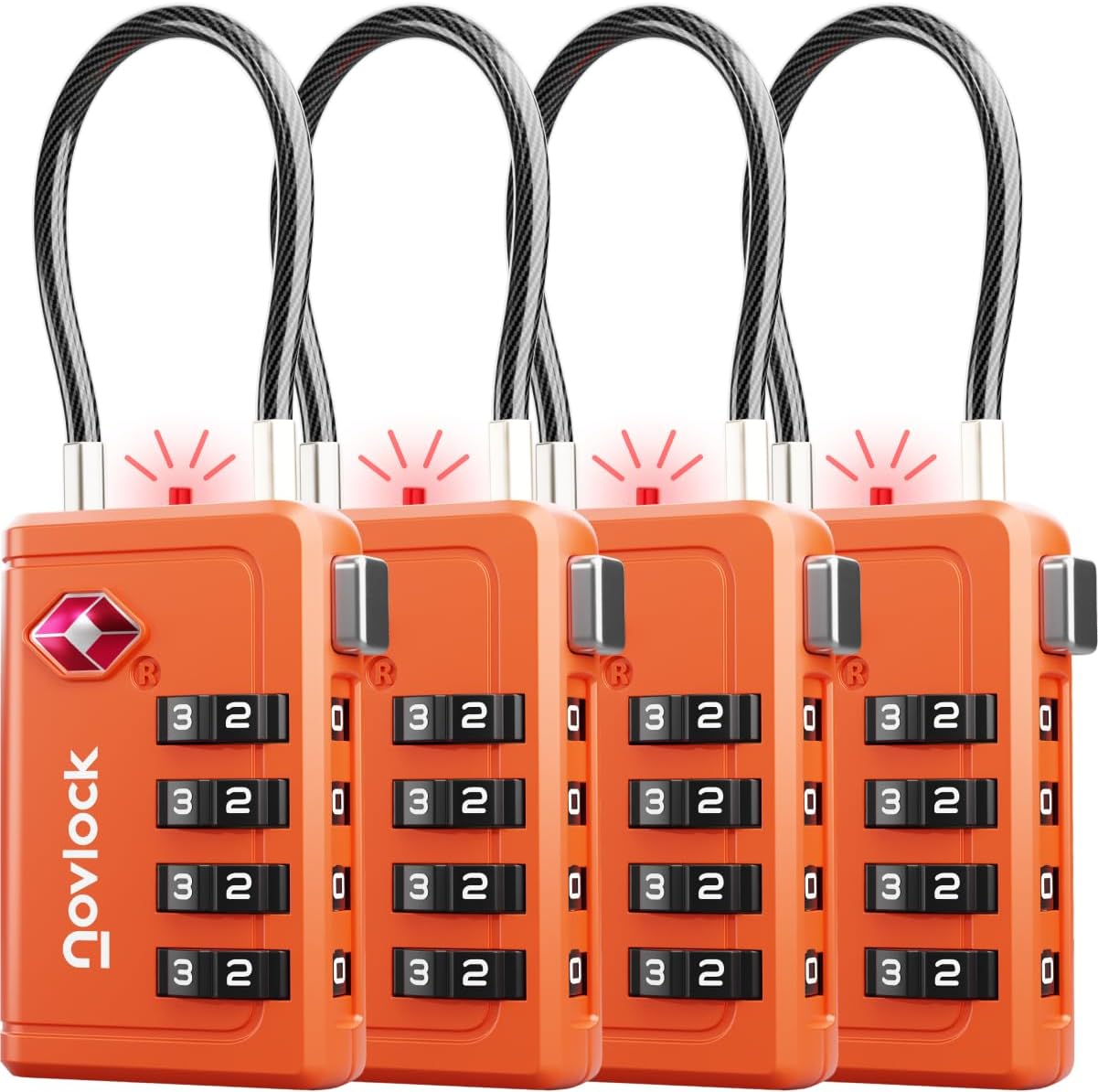 TSA Approved Luggage Locks | Inspection Indicator, 4-Digit Combination, Durable Zinc Alloy | for Suitcases, Backpacks, Travel Bags | Orange, 4-Pack