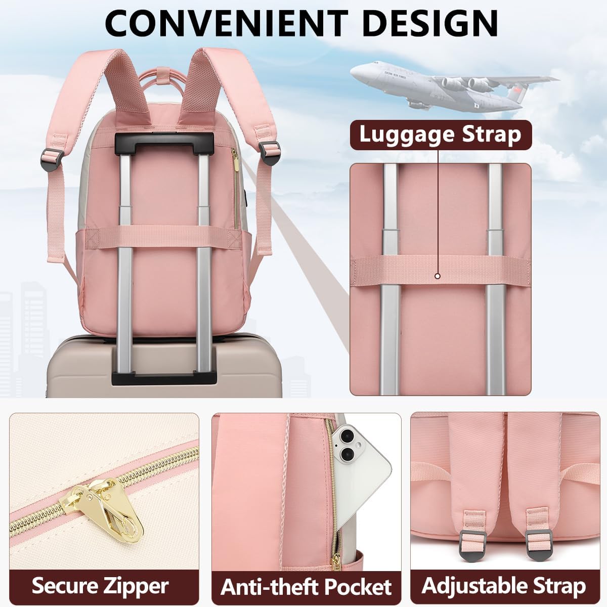 Laptop Backpack Women Work Bags - 15.6 inch Travel Backpack with USB Charger College Bookbag Waterproof Business Computer Backpack Anti-theft Casual Work Backpacks for Women Nurse Teacher Beige-Pink