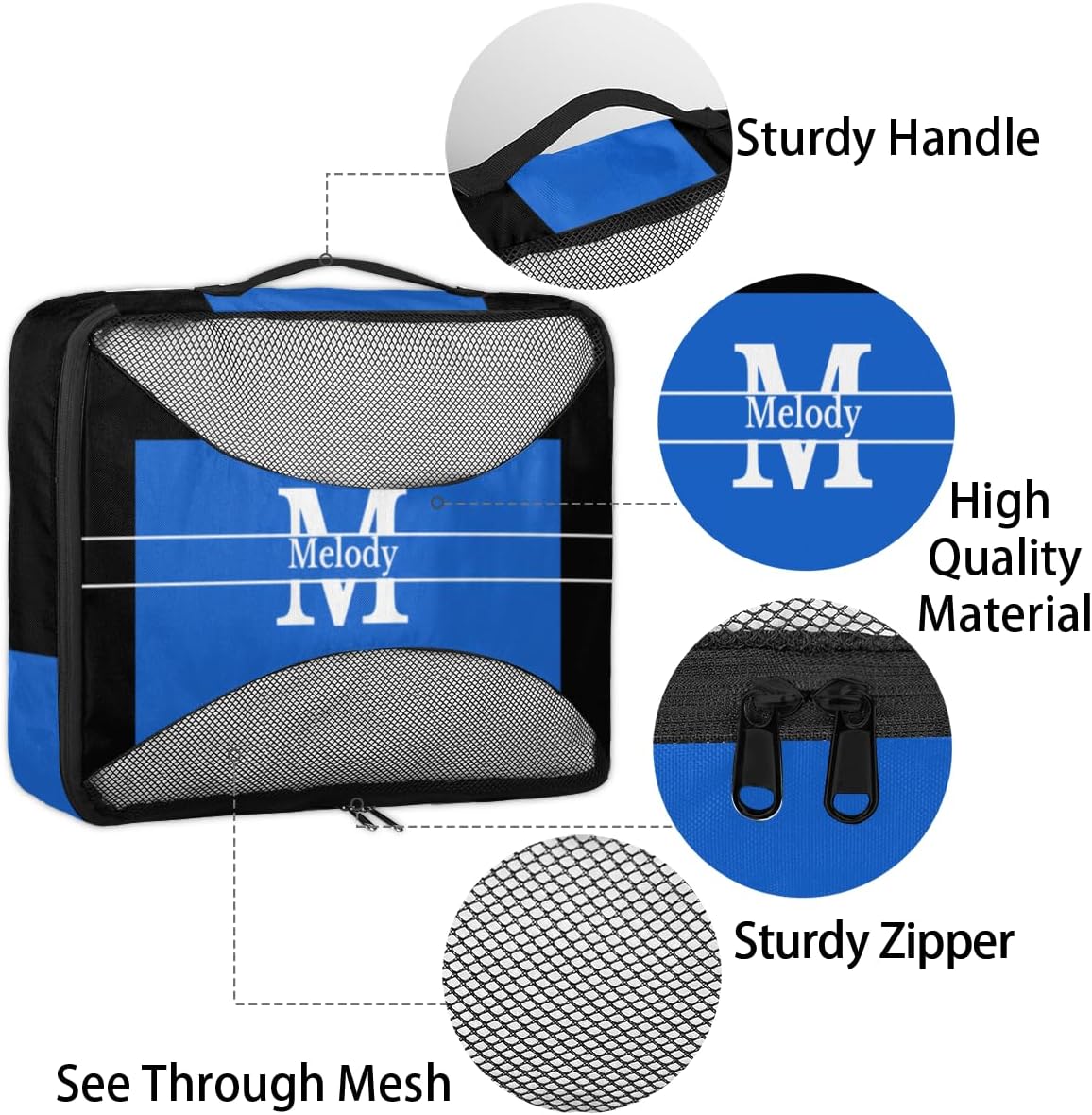 Custom Packing Cubes with Name and Initial Letter, 4Pcs/Set Travel Luggage Packing Organizers Set for Men and Women, Navy Blue with Black
