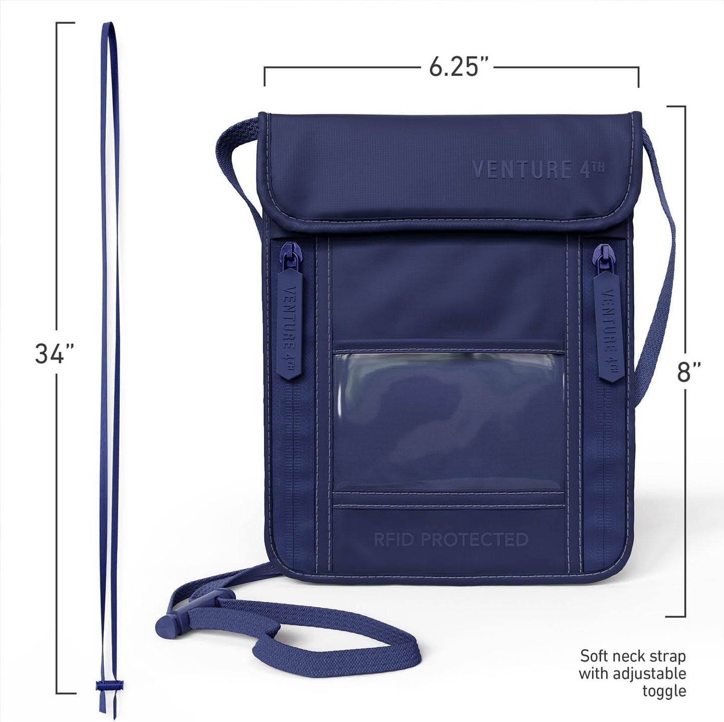 VENTURE 4TH Neck Wallet, RFID Blocking Passport Holder for Travel – Hidden Neck Pouch with 5 Compartments, Slim Lightweight Organizer with Adjustable Strap for Cash, Cards & Passport (Sleek Navy Blue)