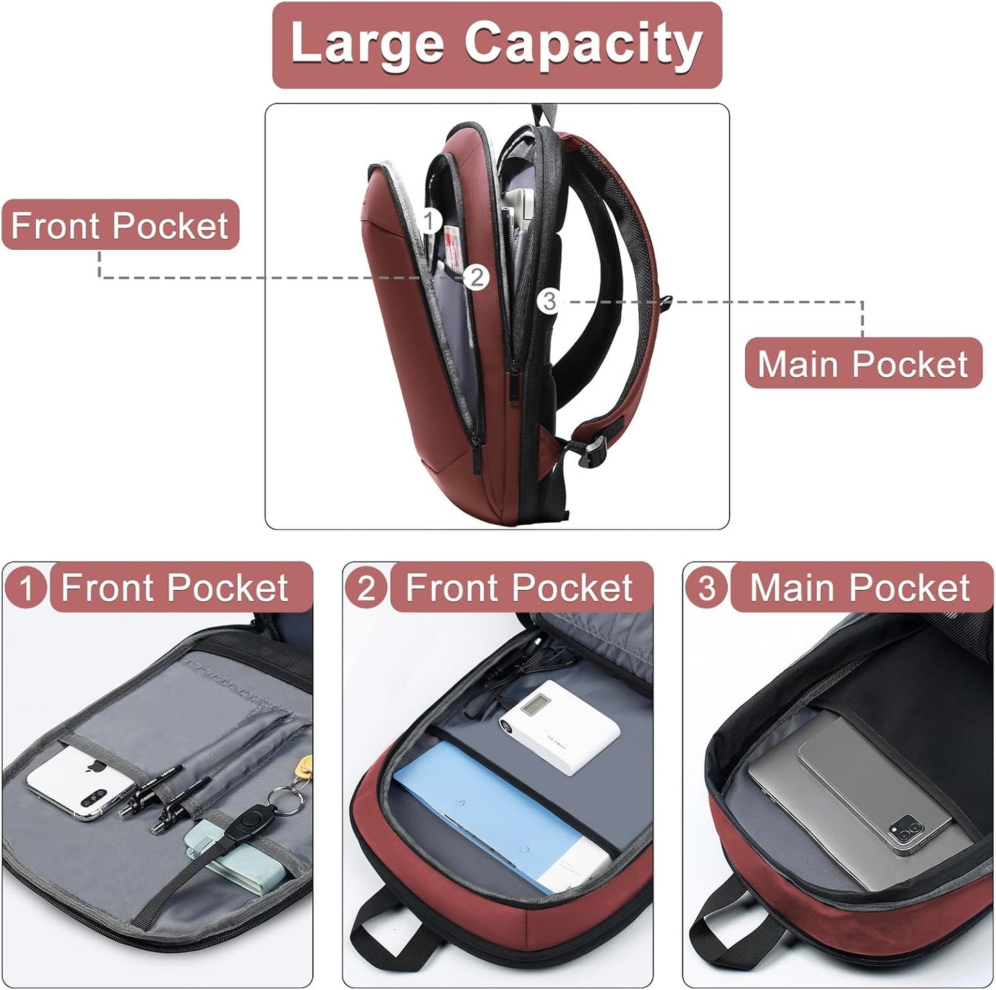hk Business Backpack for Men 17 Inch,Slim & Expandable Waterproof Travel Laptop Backpack with USB Charger Port (Red)