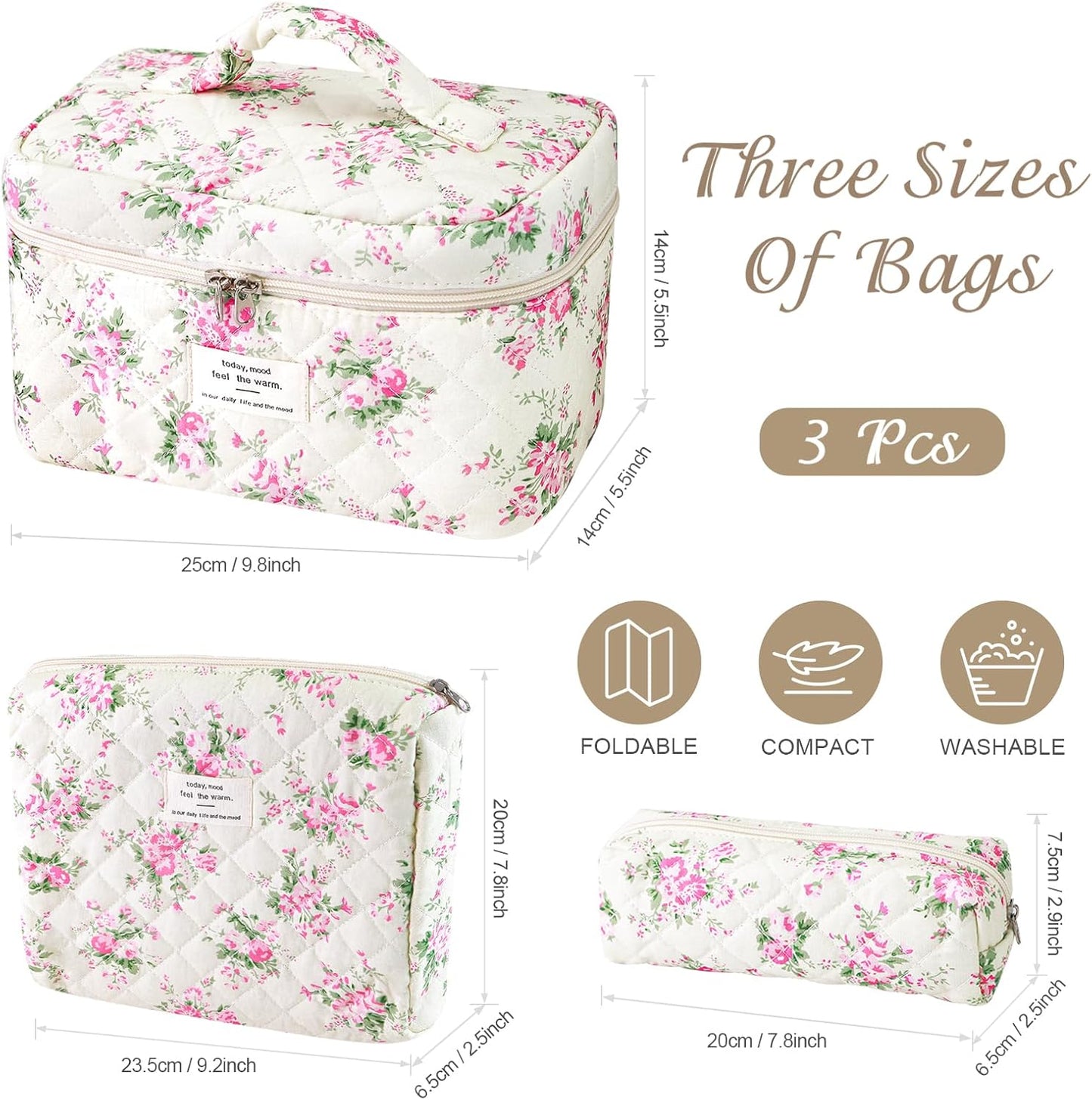 3Pcs Cotton Quilted Makeup Bag for Women Girls, Large Floral Cosmetic Bag Set Cute Makeup Brushes Aesthetic Accessories Storage Bag Pink Flower Travel Toiletry Bag Organizer