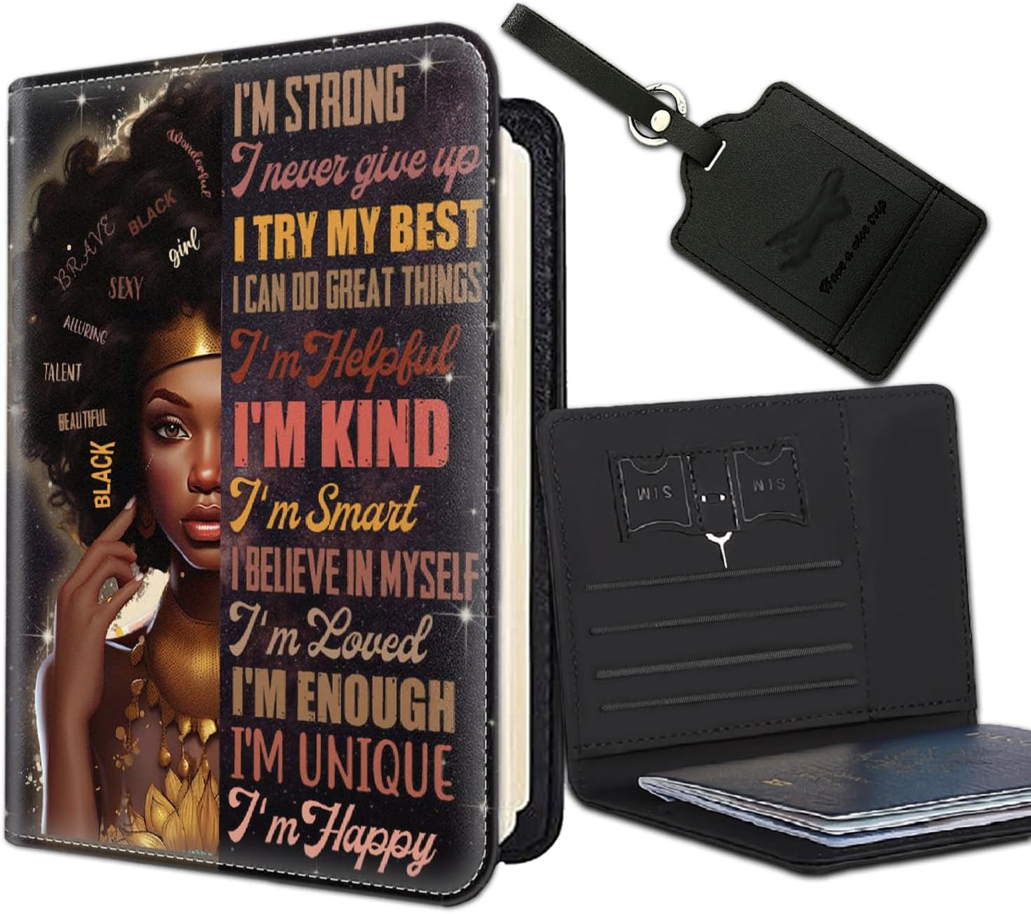 Passport Holder Women Wallet with Luggage Tag, Leather Passport Cover with RFID Blocking, Travel Accessories Multi Card Slot Passport Case for Men，African Girls Inspirational Quotes
