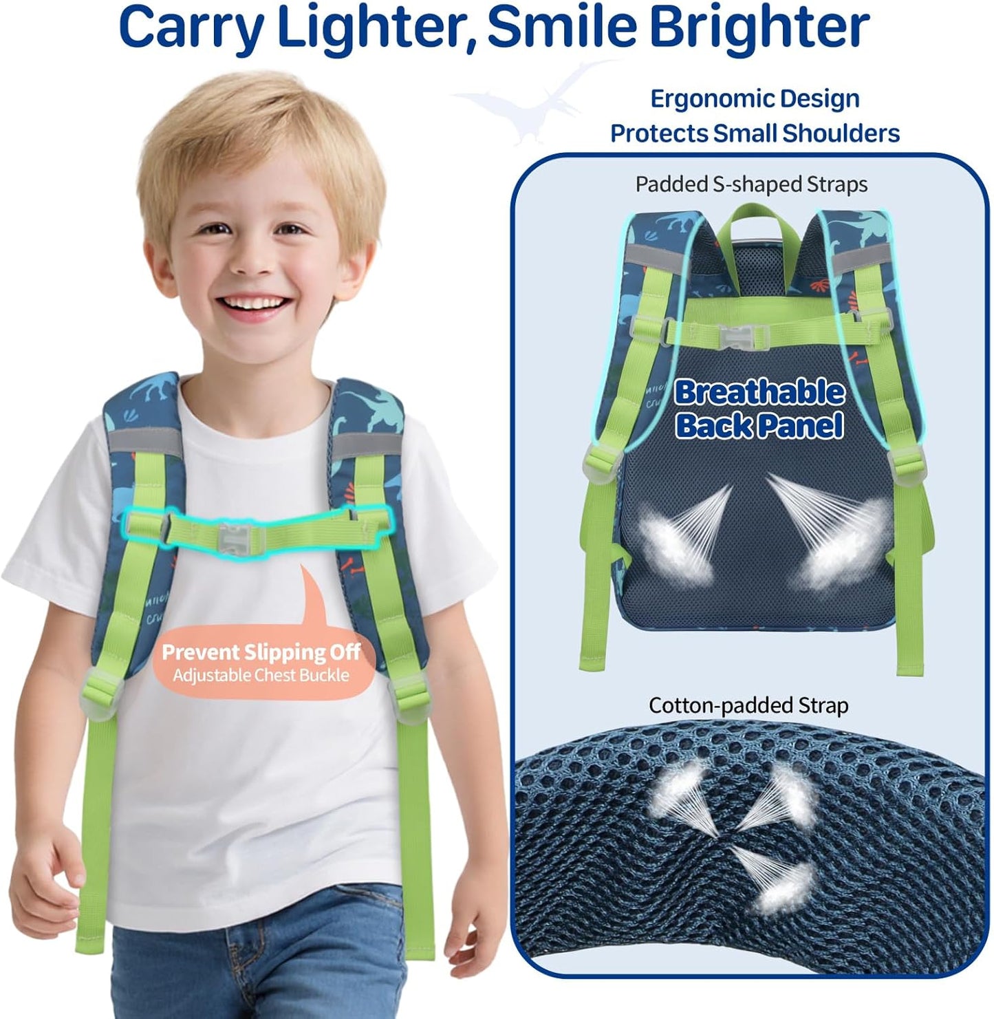 Bagseri Clear Backpack for Kids - 15 Inch Clear Bookbag for Boys Aged 3 to 8 Heavy Duty Transparent Backpack for School, Safe Reflective Strip, Cute Fabric Back Panel, Green Dinosaur