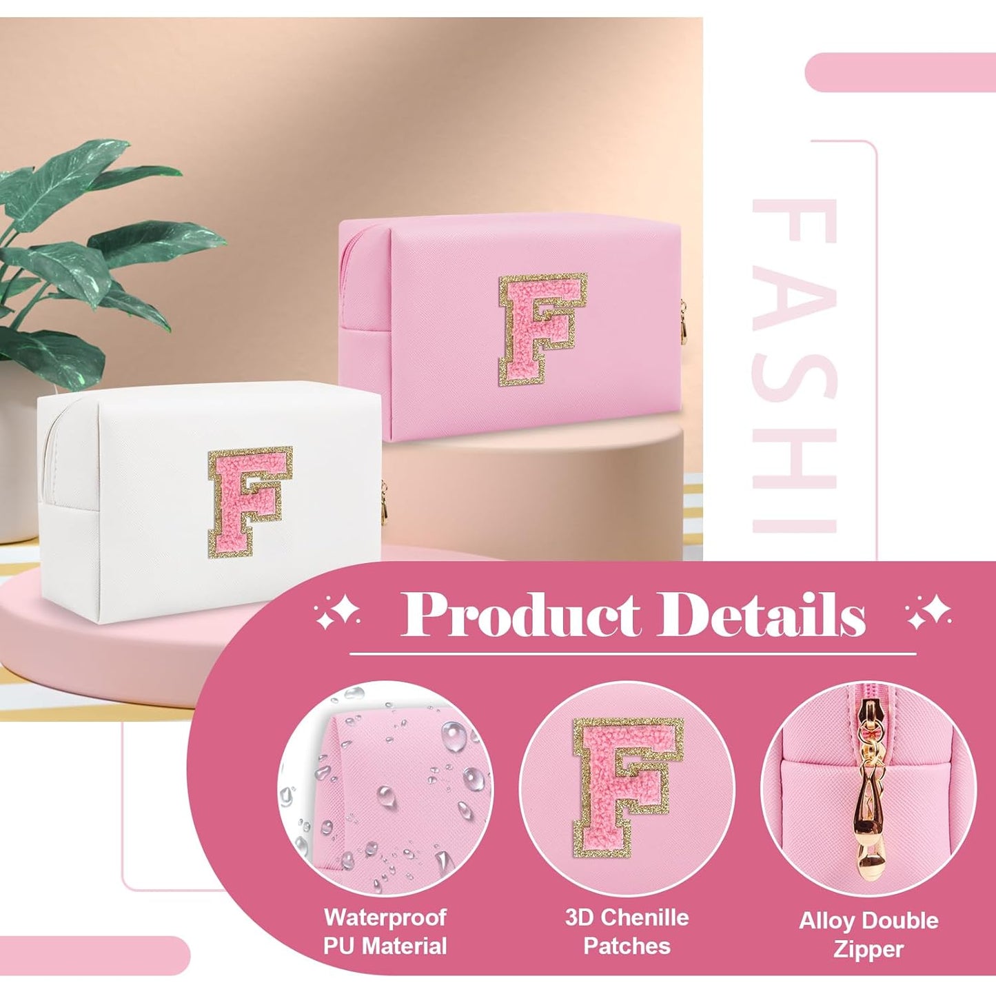 Personalized Initial A-Z Preppy Patch Makeup Bag,Small PU Leather Chenille Letter Cosmetic Bag with Zipper for Teen Girls,Pink Cute Travel Toiletry Bag,Birthday Monogrammed Gift for Daughter,Letter F