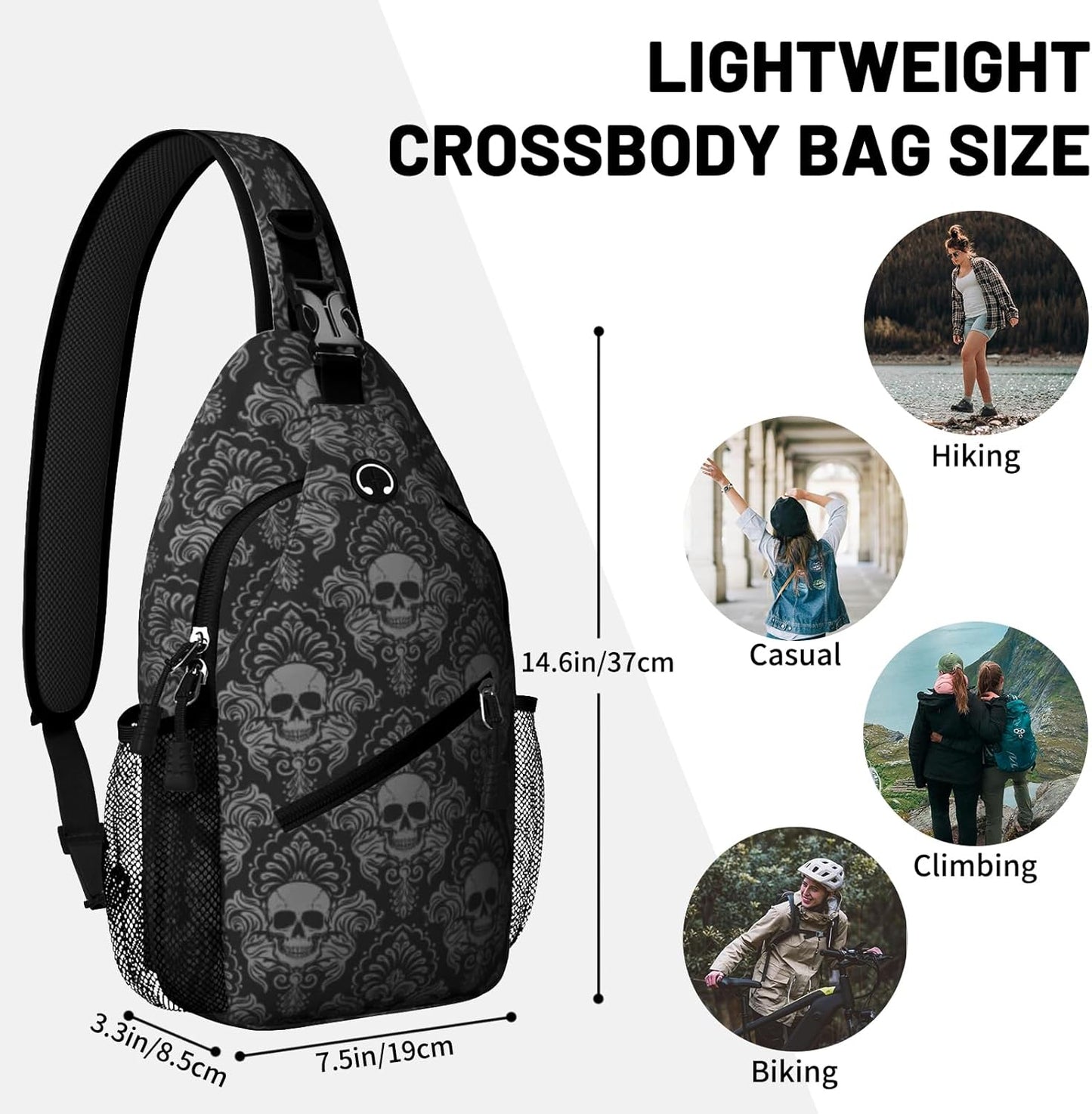 Black Skull Sling Bag Crossbody Chest Bag for Women Men, Water Resistant Lightweight Casual Crossbody Bag with Adjustable Strap, Travel Hiking Daypack Shoulder Backpack