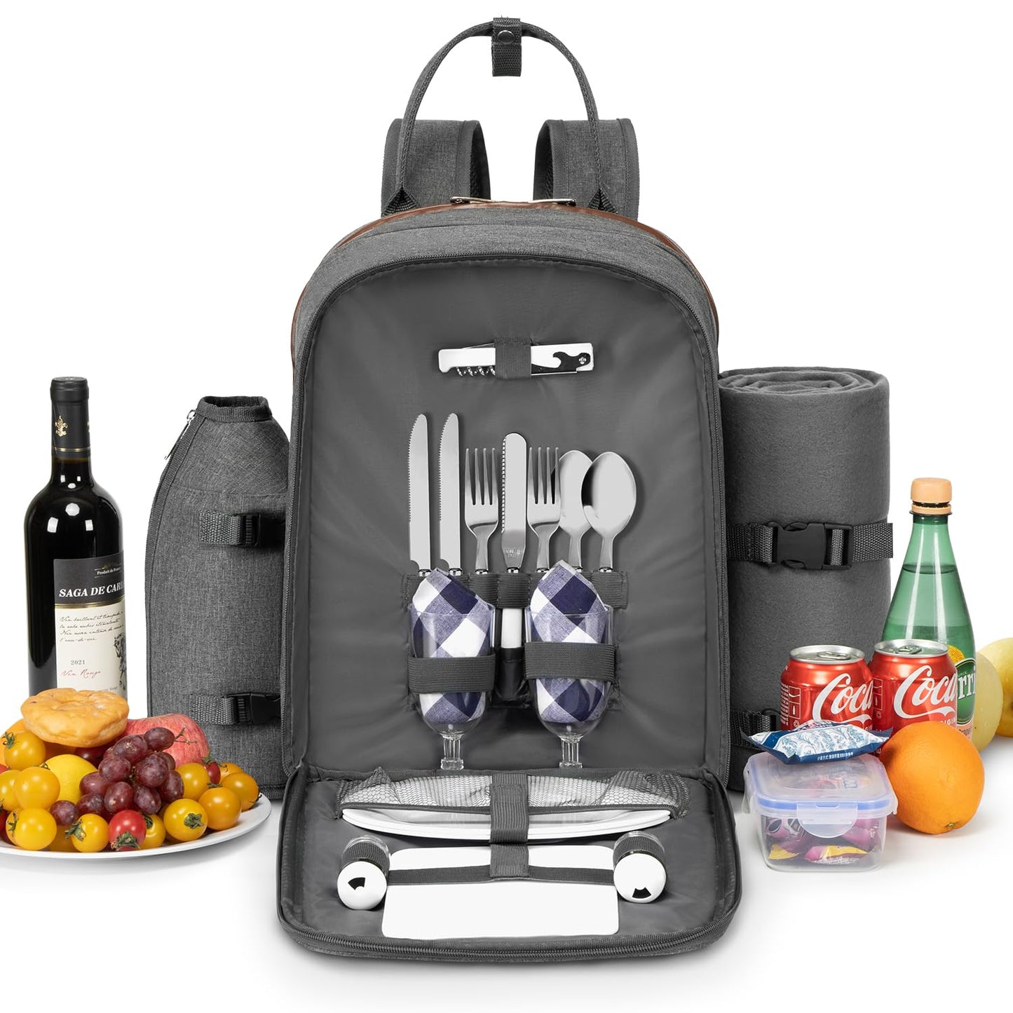 ALLCAMP Picnic Backpack, 2-Person Set with Blanket and Wine Holder, Gray