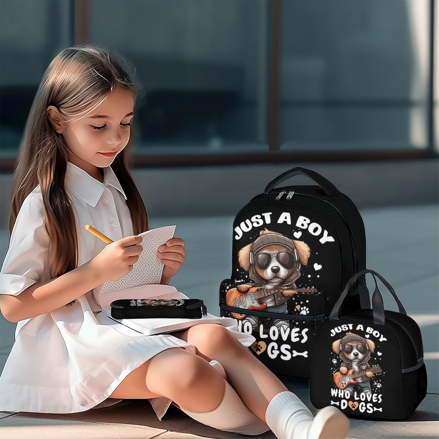 Dog Backpack with Lunch Box, Set of 3 School Backpacks Matching Combo, Cute Black Bookbag and Pencil Case Bundle