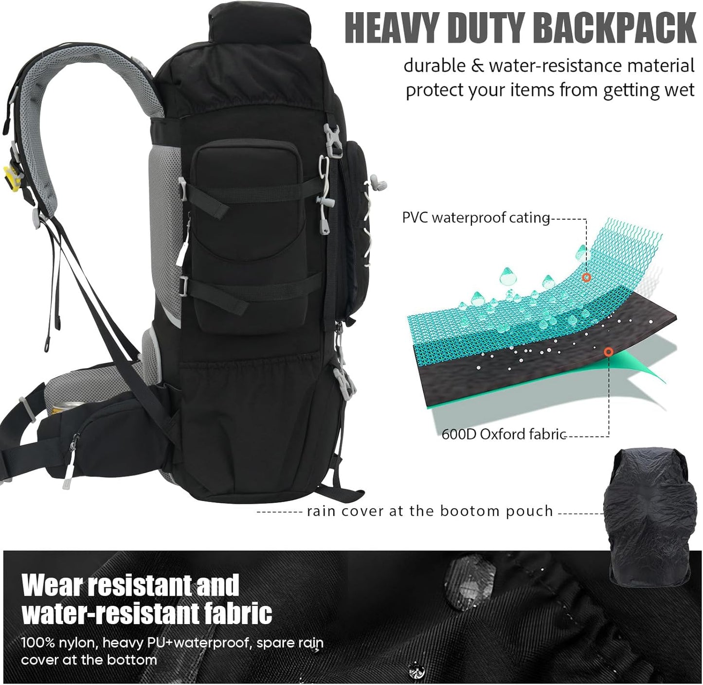 Bseash 70L (65+5) Waterproof Hiking Camping Backpack with Rain Cover, Outdoor Sport Travel Daypack for Climbing Touring (Black)