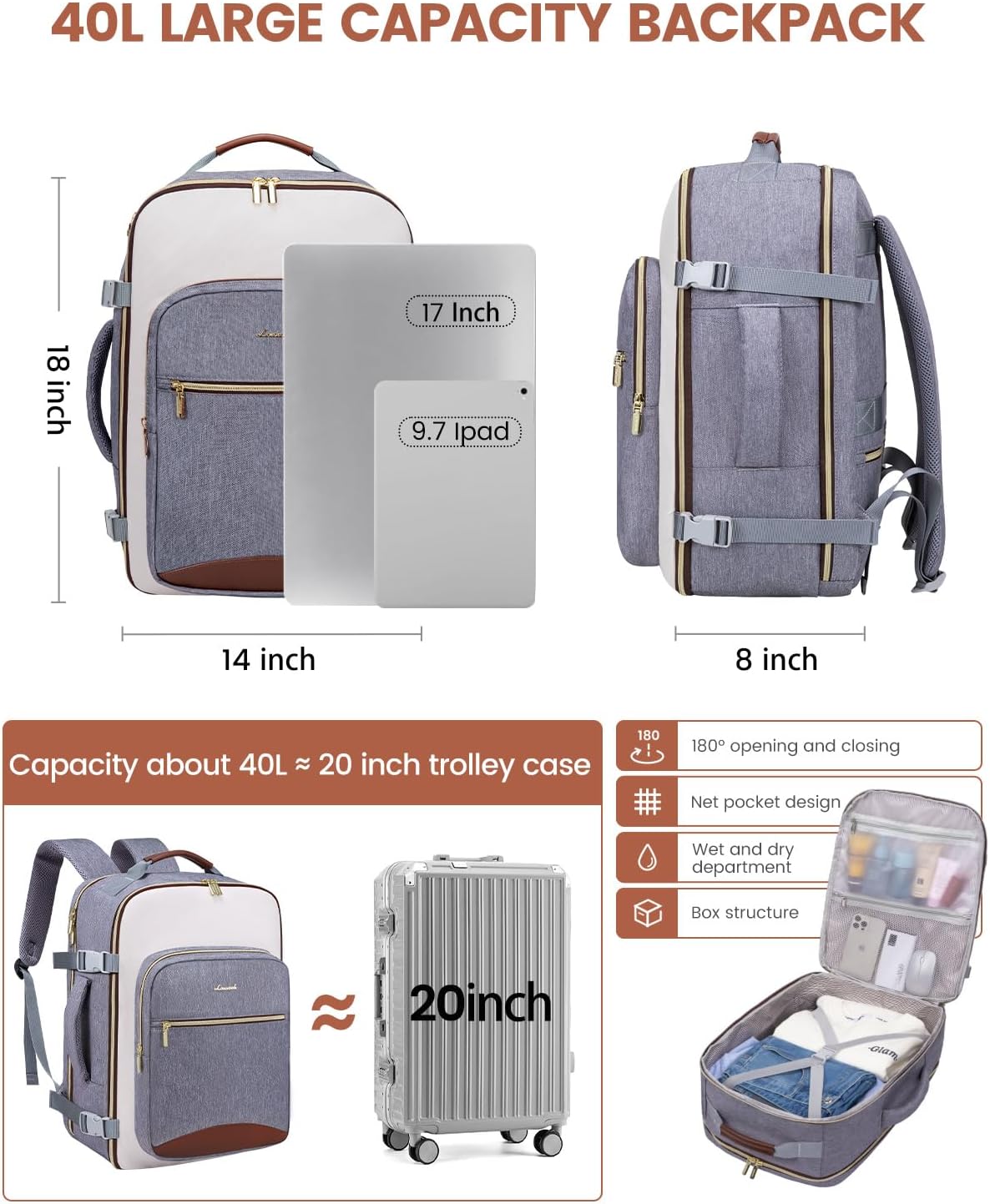 LOVEVOOK 40L Travel Backpack for Women & Men, Airline Approved Carry On Luggage with 3 Packing Cubes, TSA Overnight Bags, Waterproof Personal Item Bag, Weekender Essentials Backpacks fits 17" Laptop