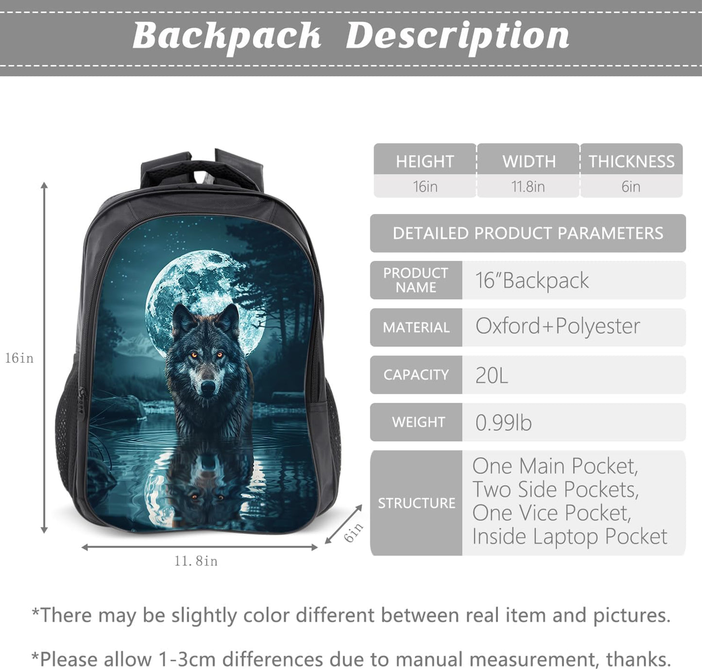 Klymax Wolf Backpack Animals Kids Schoolbag with Lunch Box Bag Pencil Bag 3pcs Bookbag Sets for Boys Girls