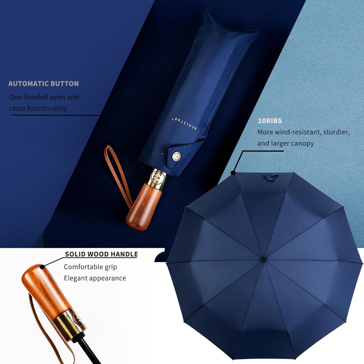 SIEPASA 49/54/62 Inch Windproof Golf Umbrella - Automatic Open/Close, Real Wood Handle - Large Folding Travel Umbrella for Wind, Rain & Sun Protection.