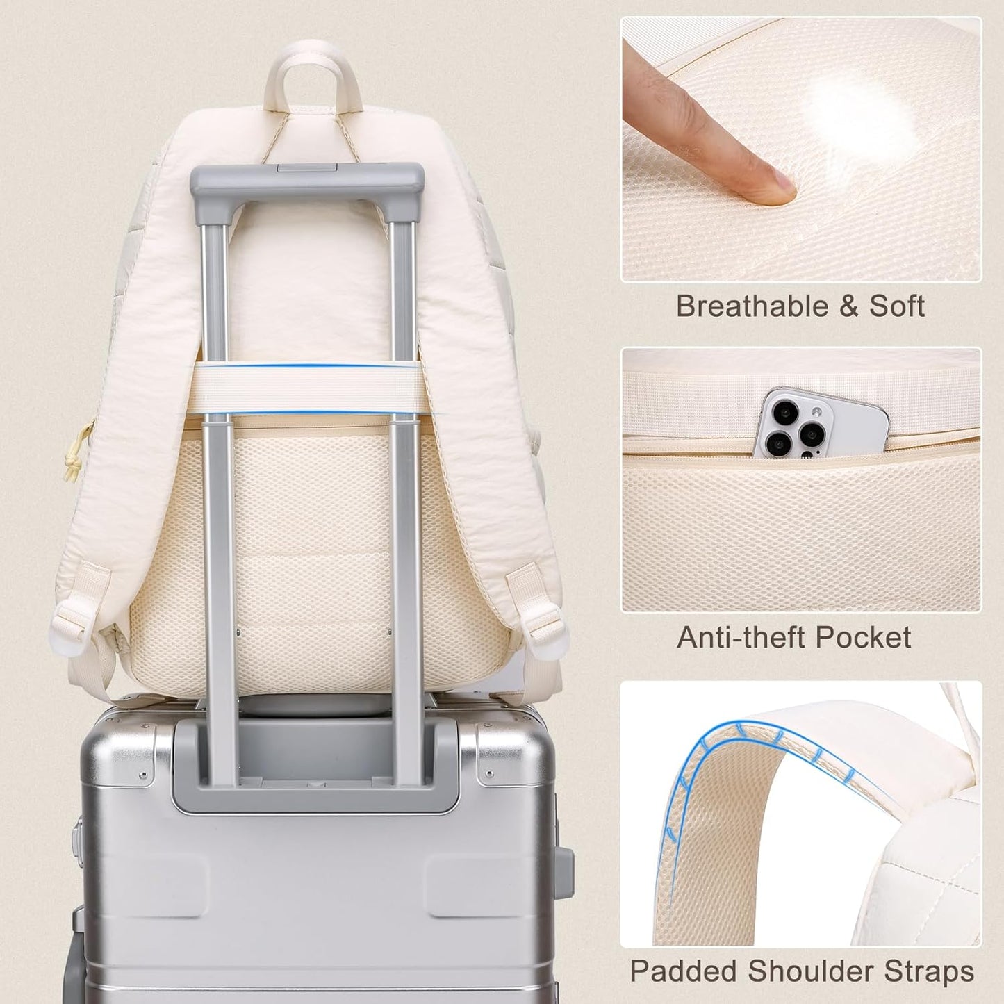 Laptop Backpack for Women College Travel,Quilted Daypack Bookbag for School Teen Girls Mochilas Mujer,Beige