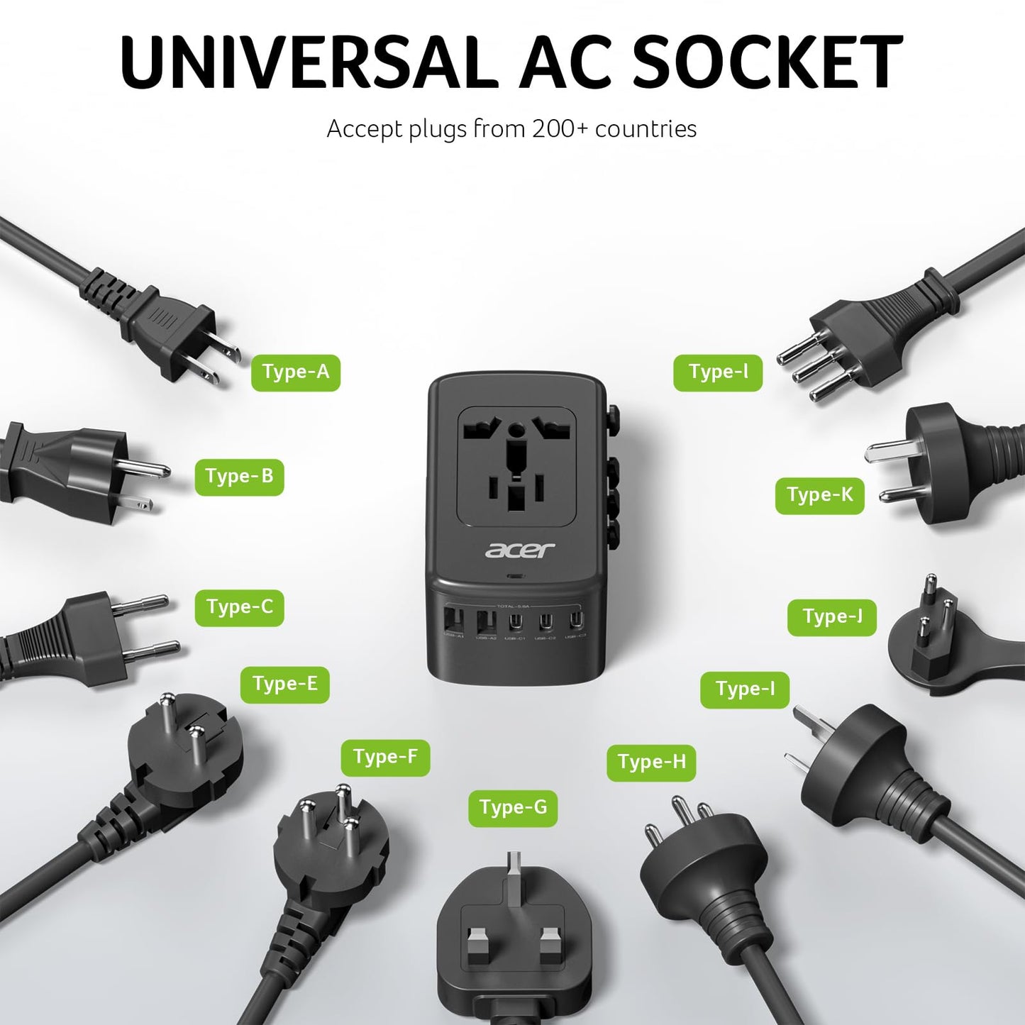 Acer Universal Travel Plug Adapter - International Power Adapter with 5 USB Ports (3 USB C) 5.8A