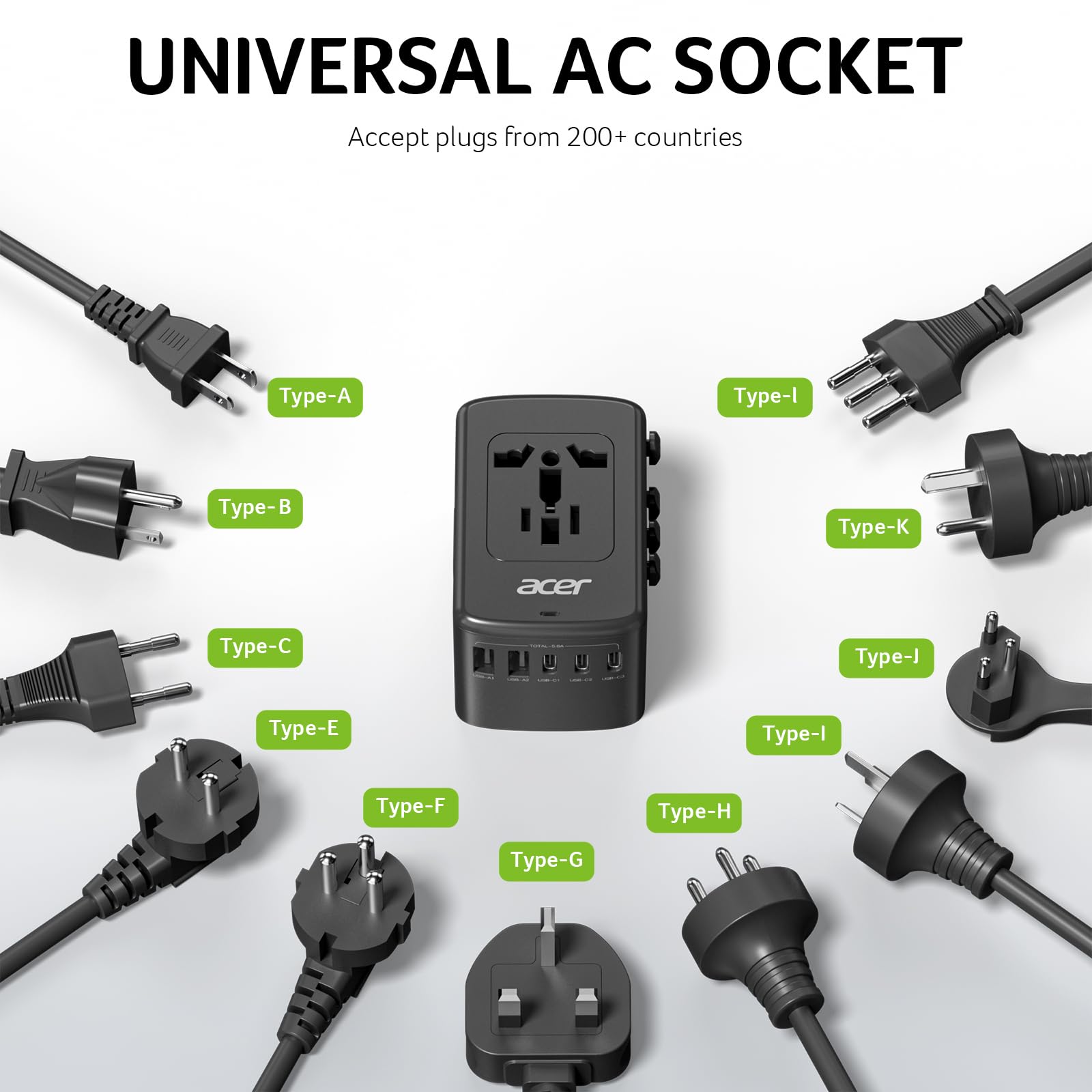 Acer Universal Travel Plug Adapter - International Power Adapter with 5 USB Ports (3 USB C) 5.8A