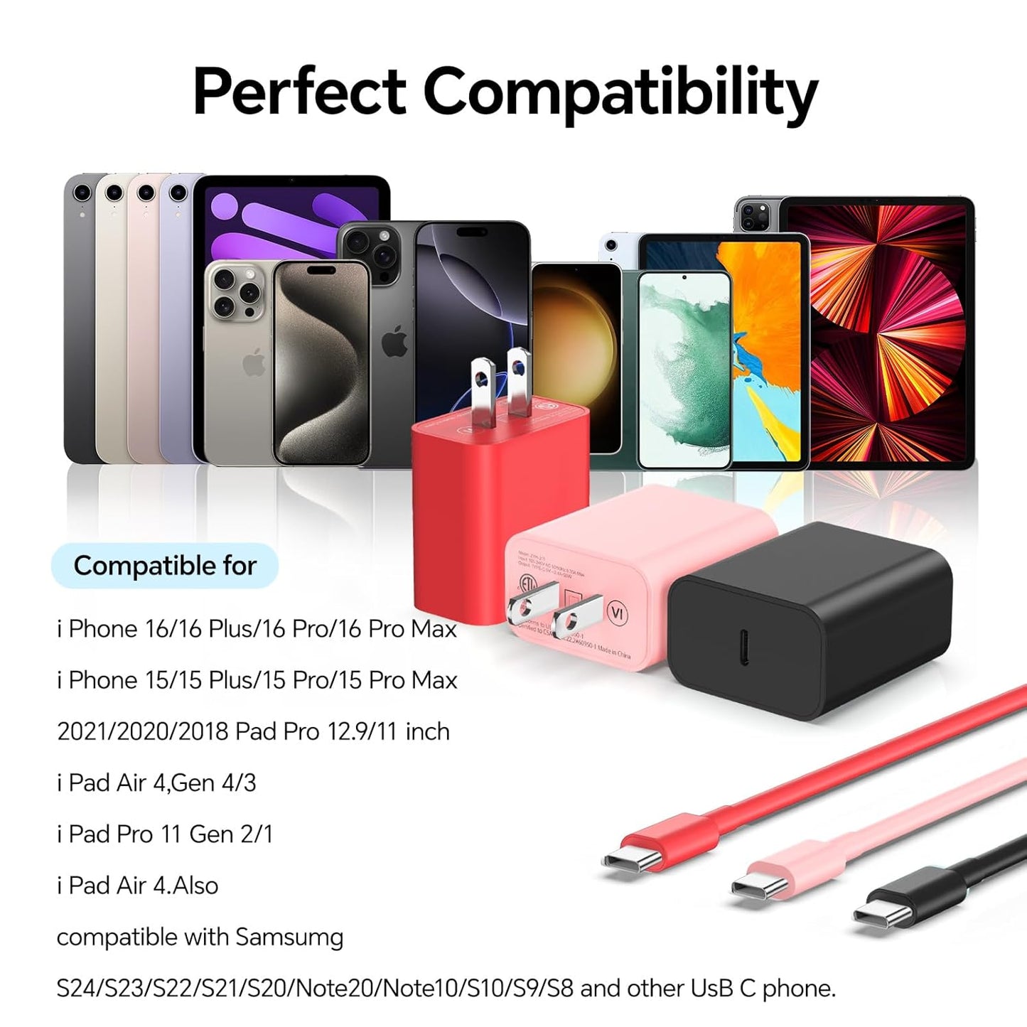Compatible with iPhone16/15 Charger Fast Charging, 3 Pack 20W USB C Colorful Charger Block with 10 FT USB-C to C Cable for Phone16 15 Pro/Plus/Pro Max,Pad Pro 12.9/11 inch,Pad Air 5th-Pink/Red/Black