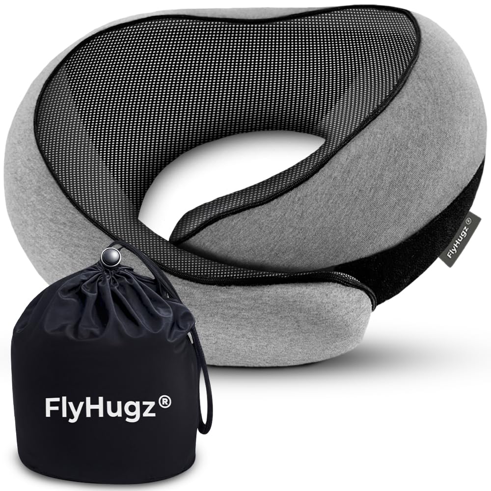 FlyHugz® Neck Travel Pillow Memory Foam Neck Pillow for Comfort on Airplane Compact and Ergonomic