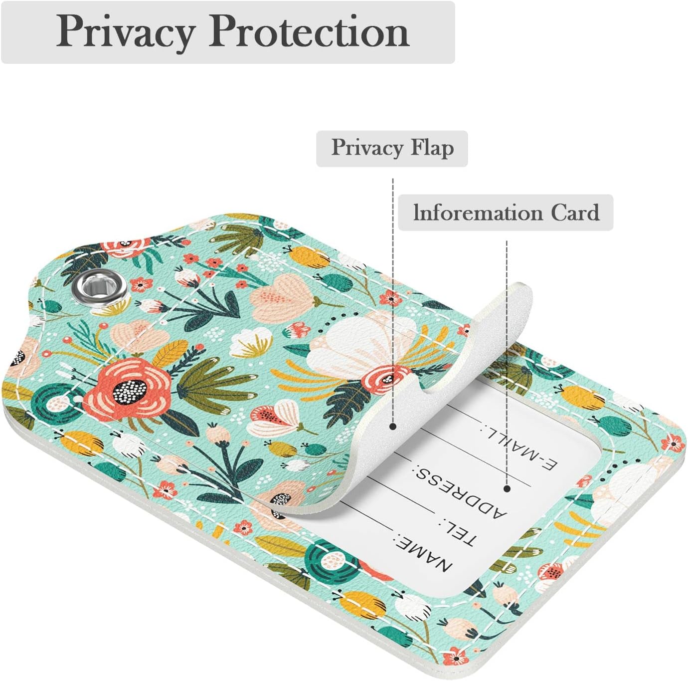 Luggage Tags for Suitcase, 2 Pack PU Leather Travel Cruise Luggage Tag with Privacy Flap, Name ID Label and Metal Loop for Women Men Suitcase Baggage Bag Backpack Instrument, Green Flowers