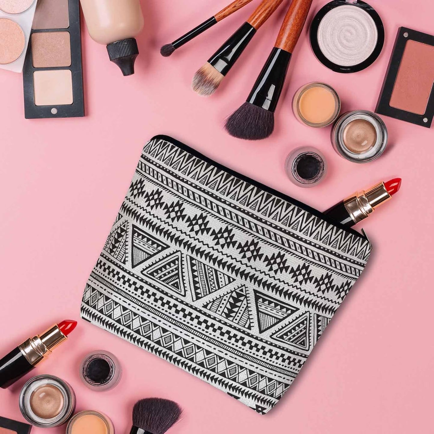African Aztec Makeup Bags Makeup Organizer, Navajo Style Geometric Triangle Stripes Flax Toiletry Bags Travel Cosmetic Bag Makeup Purse Pouch Skincare Bag Wallet Bags For Women Black White
