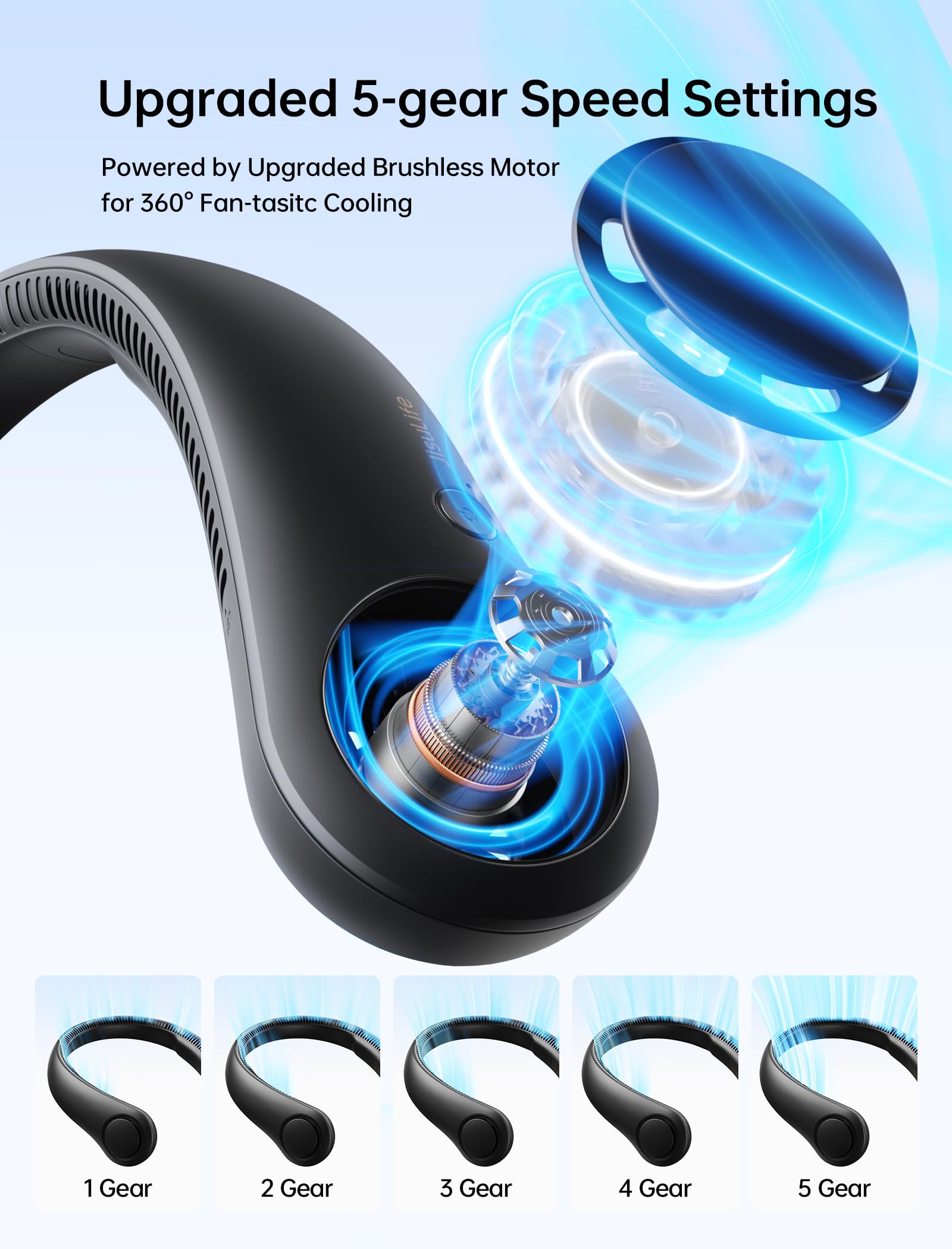 JISULIFE Portable Neck Fan, Hands-Free Bladeless, 5 Speeds, 4000 mAh