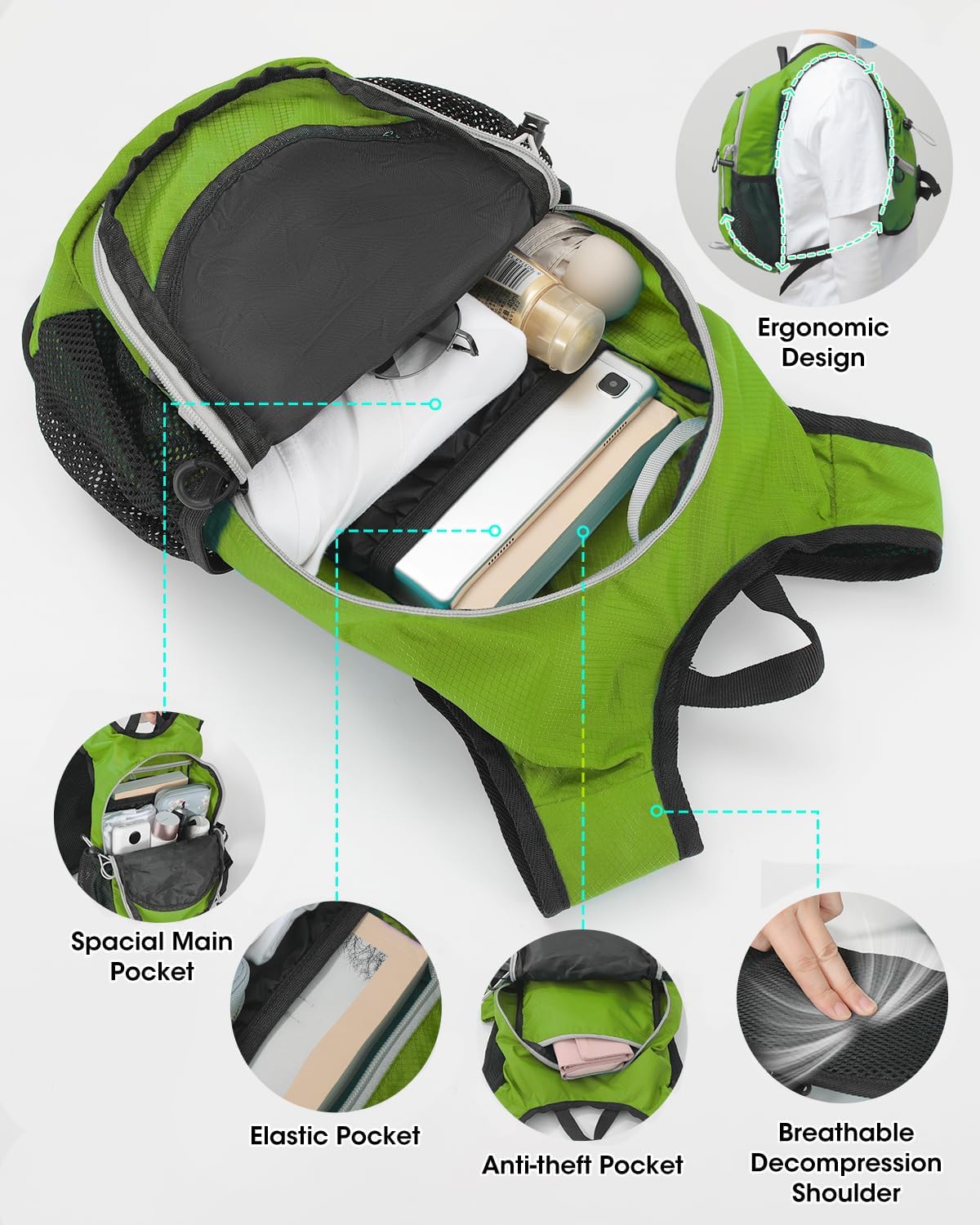Small Hiking Backpack with Front Phone Holder, Packable Back pack with Chest and Waist Strap, Lightweight Daypack for Women Men