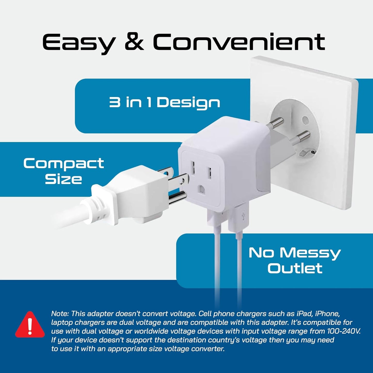 Ceptics 3 in 1 European Travel Plug Adapter - Compact Type C Adapter with USB-A & USB-C, Ideal for Phones, Laptops, Cameras & More, Perfect for Belgium, France and other EU countries - CTU-9C