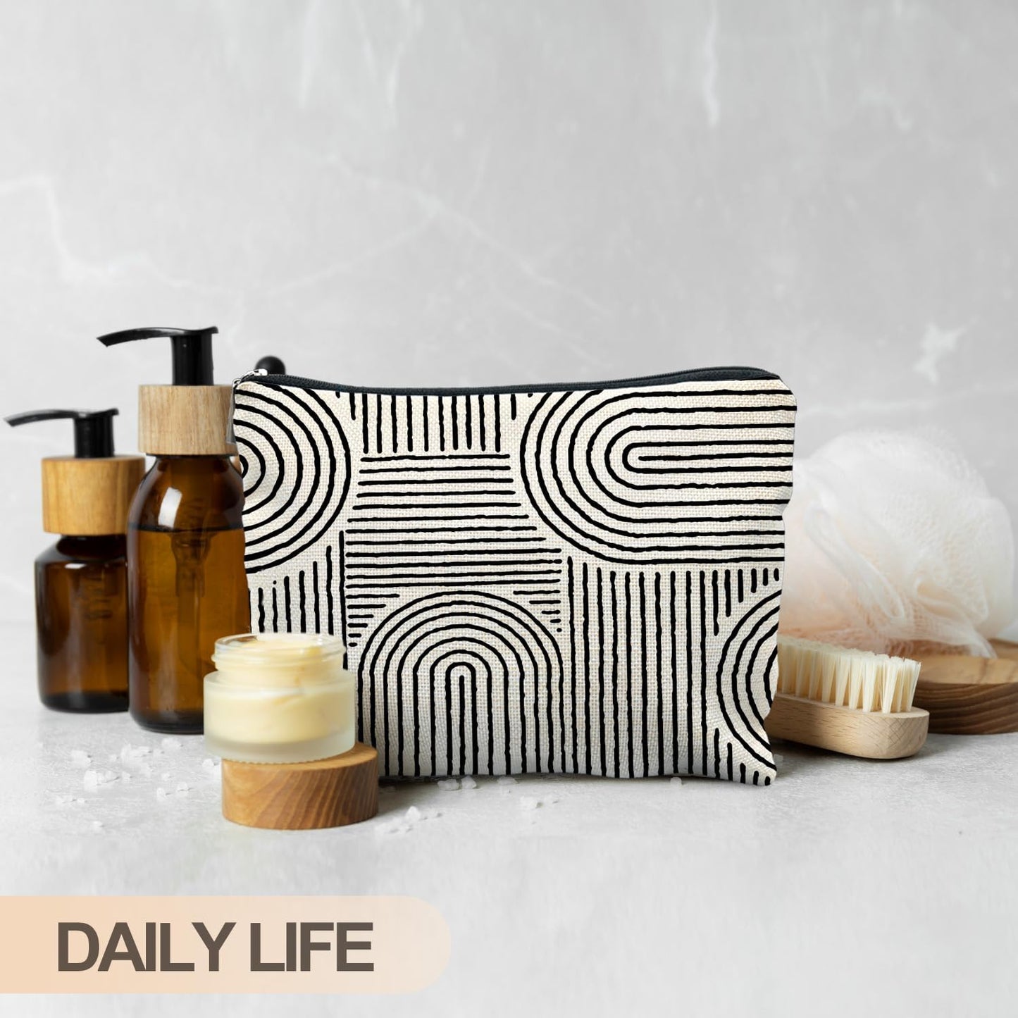 Abstract Minimalist Black and White Makeup Bag, Aesthetic Boho Rainbow Line Art Cosmetic Bags for Women, Boho Gifts for Women, Contemporary Modern Zipper Makeup Pouch