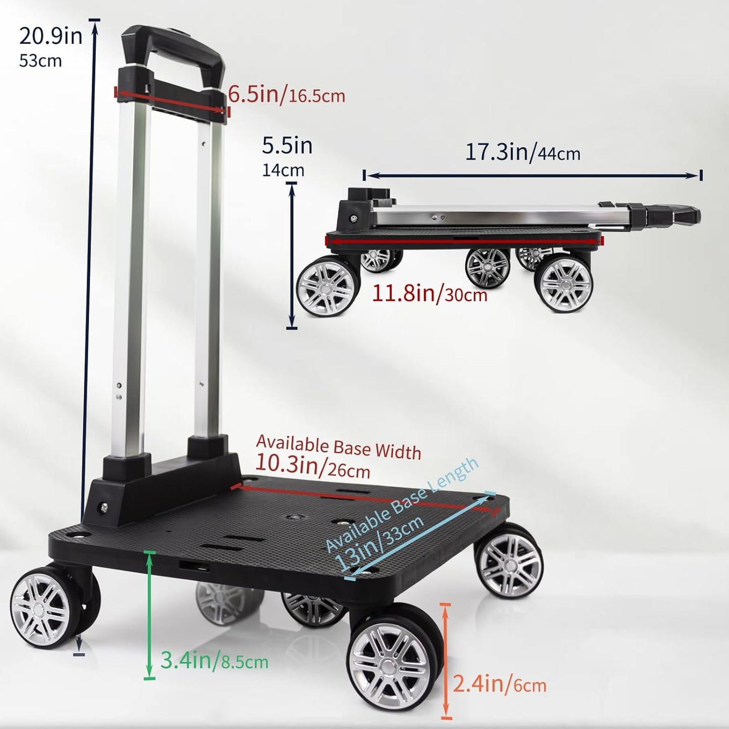 Foldable Black Aluminum Backpack Cart with 5 Swivel Wheels, Large Base, Ideal for Large Backpacks, Pet Carriers, Laptop Bags