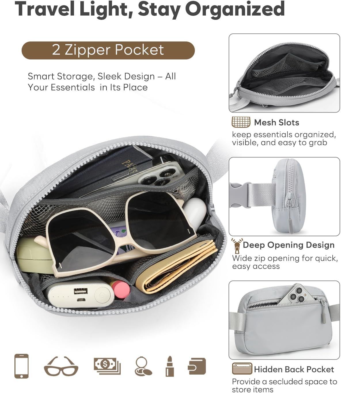 Fanny Packs for Women Cross Body Bag Waterproof Belt Bag with Adjustable Strap and Zipper Back Pocket Small Crossbody Bags Fashion Waist Packs for Workout Travelling(Light Gray)