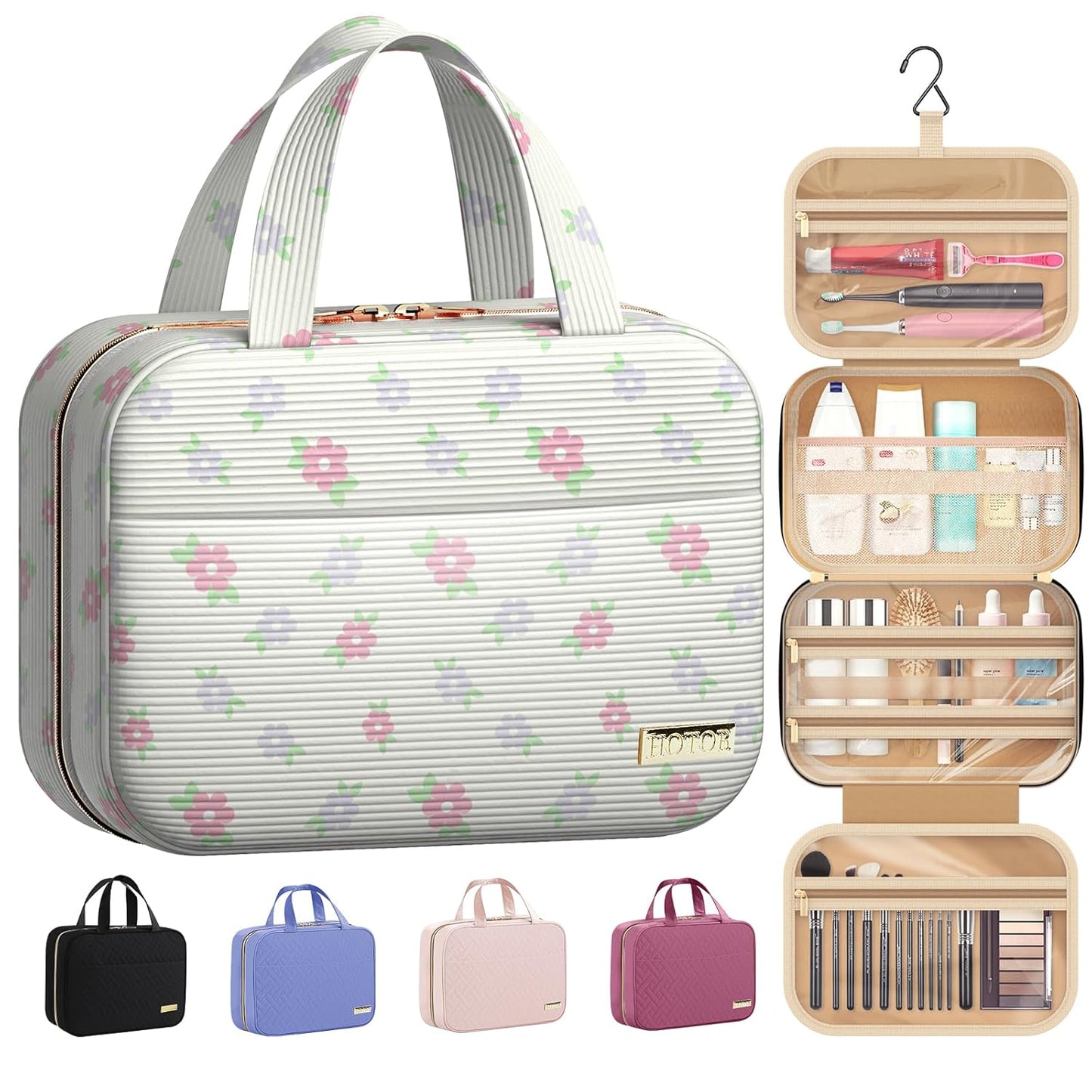 HOTOR Travel Toiletry Bag - Hanging Toiletry Bag for Women & Men, Makeup Bag/Big Comparment, Waterproof for Travel Accessories, Travel Essentials, Medium, Beige with Colorful Floral