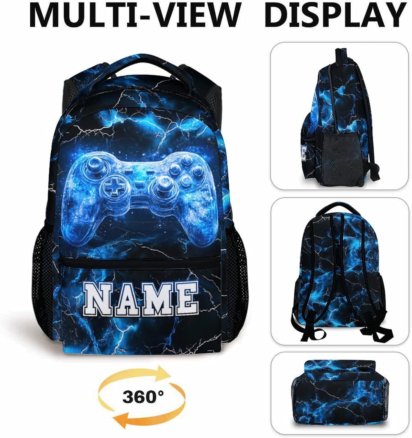 Kids Backpack, Custom Gamer Bookbag, 17 Inches Blue Boys Utility Schoolbag for Teen Boys 6-8, Cool