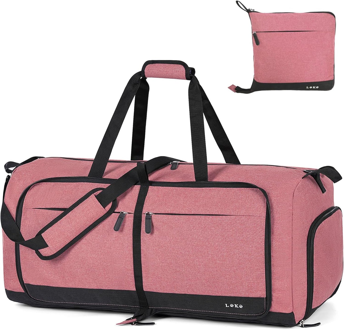 Lekesky Foldable Travel Duffle Bag for Women, Large Duffel Bag with Separate Shoes Compartments & Straps, Carry On Weekend Bag for Women, Hospital, Overnight (Red, 80L)