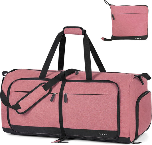 Lekesky Foldable Travel Duffle Bag for Women, Large Duffel Bag with Separate Shoes Compartments & Straps, Carry On Weekend Bag for Women, Hospital, Overnight (Red, 80L)
