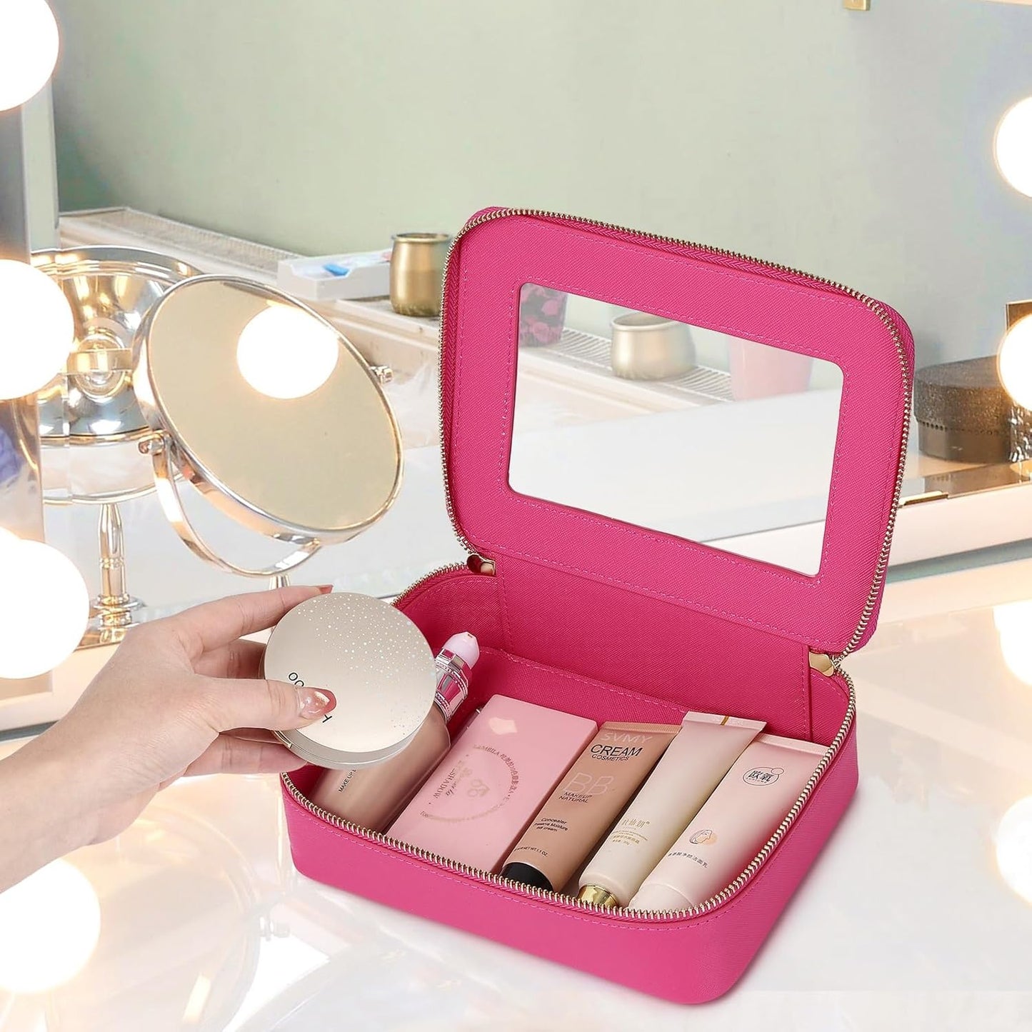 Clear Makeup Bag Set Travel Cosmetic Bag and Toiletry Bag Women's Purse Pouch Cosmetic Stroage Organizer Case with Zipper Car Essentials (Fuxia, M+Mini)