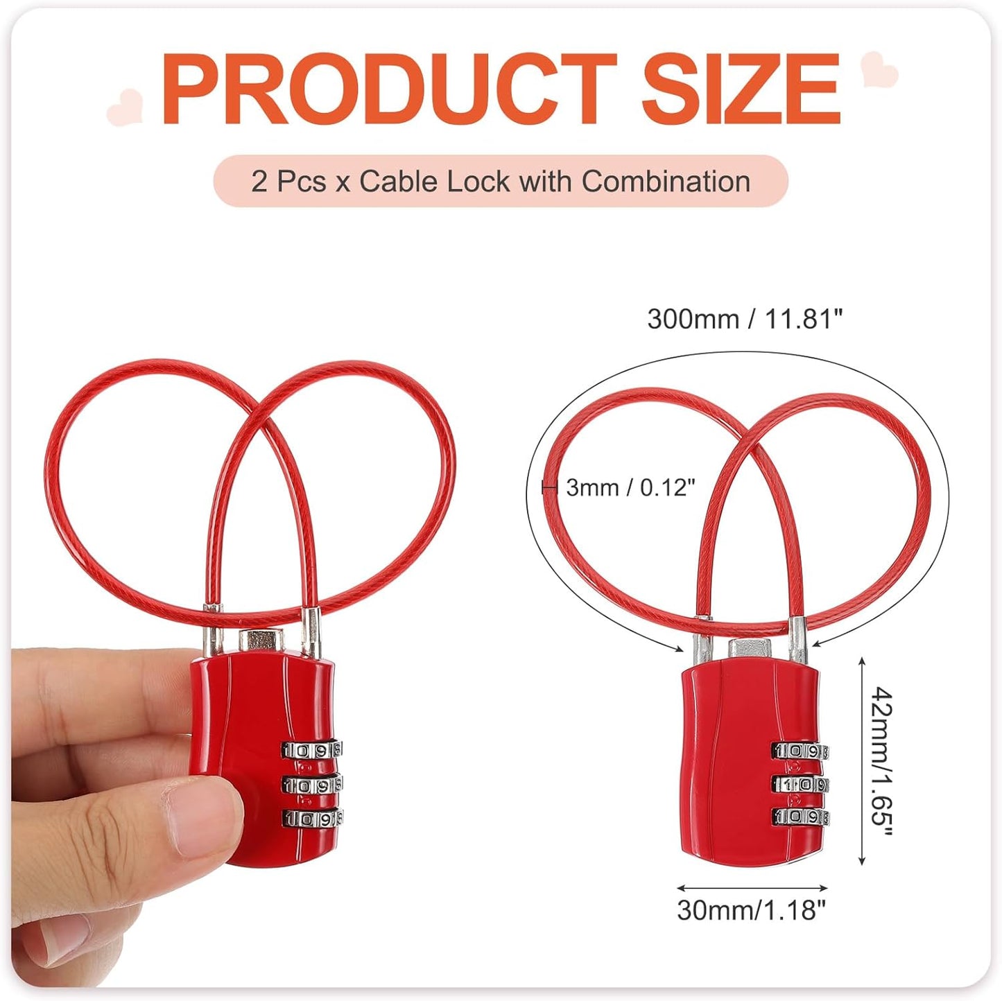 MECCANIXITY 2 Pcs Luggage Travel Lock, 3 Digit Cable Combination Lock 1-3/16" Width Body with 12" Long Cable for Suitcase Bag Cabinets Small Fences Gym, Red