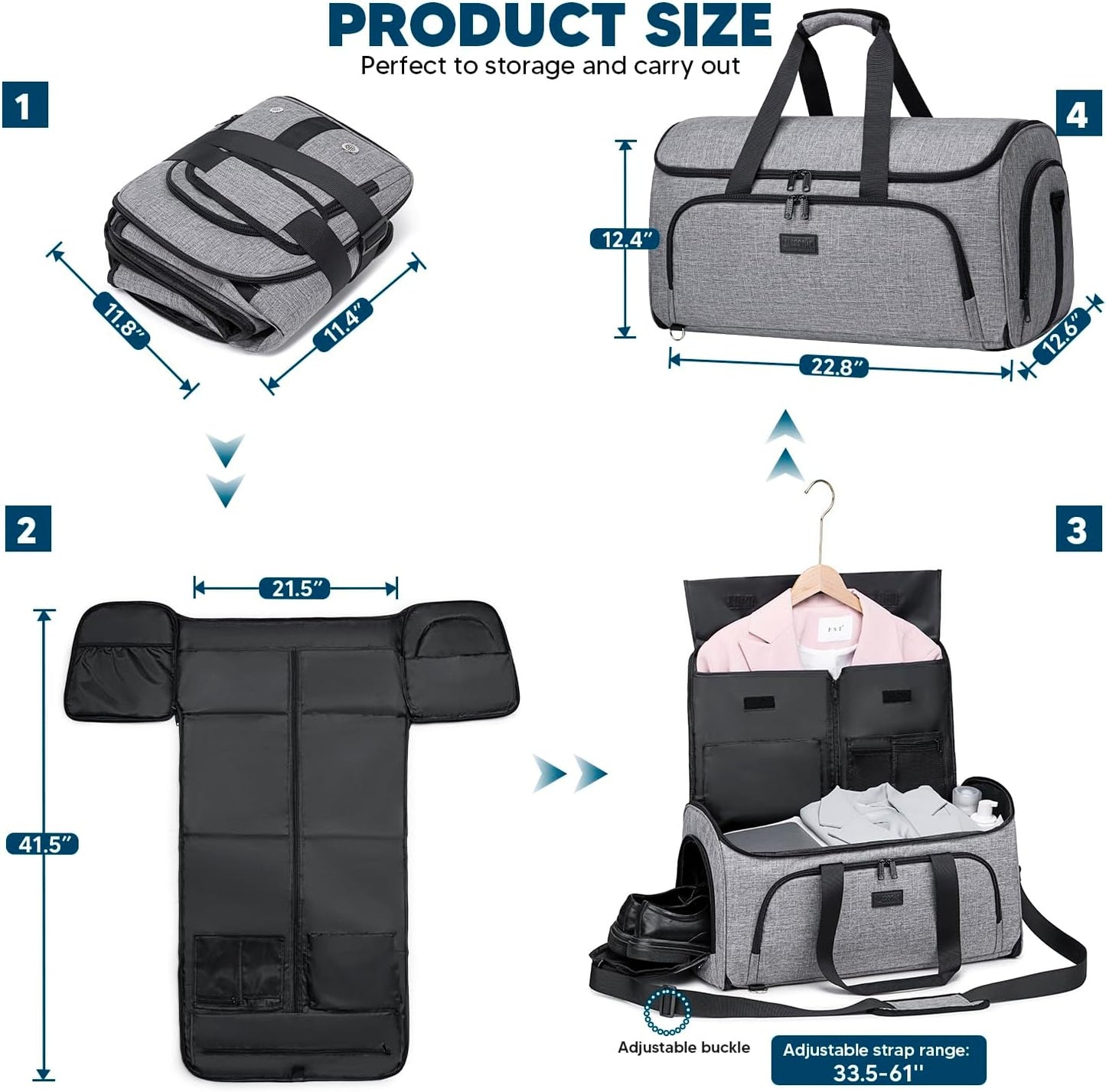 Garment Bags for Travel,Convertible Garment Bag with Shoulder Strap, 4 in 1 Suit Bag Travel with Shoes Foldable 58L Carry on Garment Bag for Men Women Garment Duffle Bags for Travel,Grey