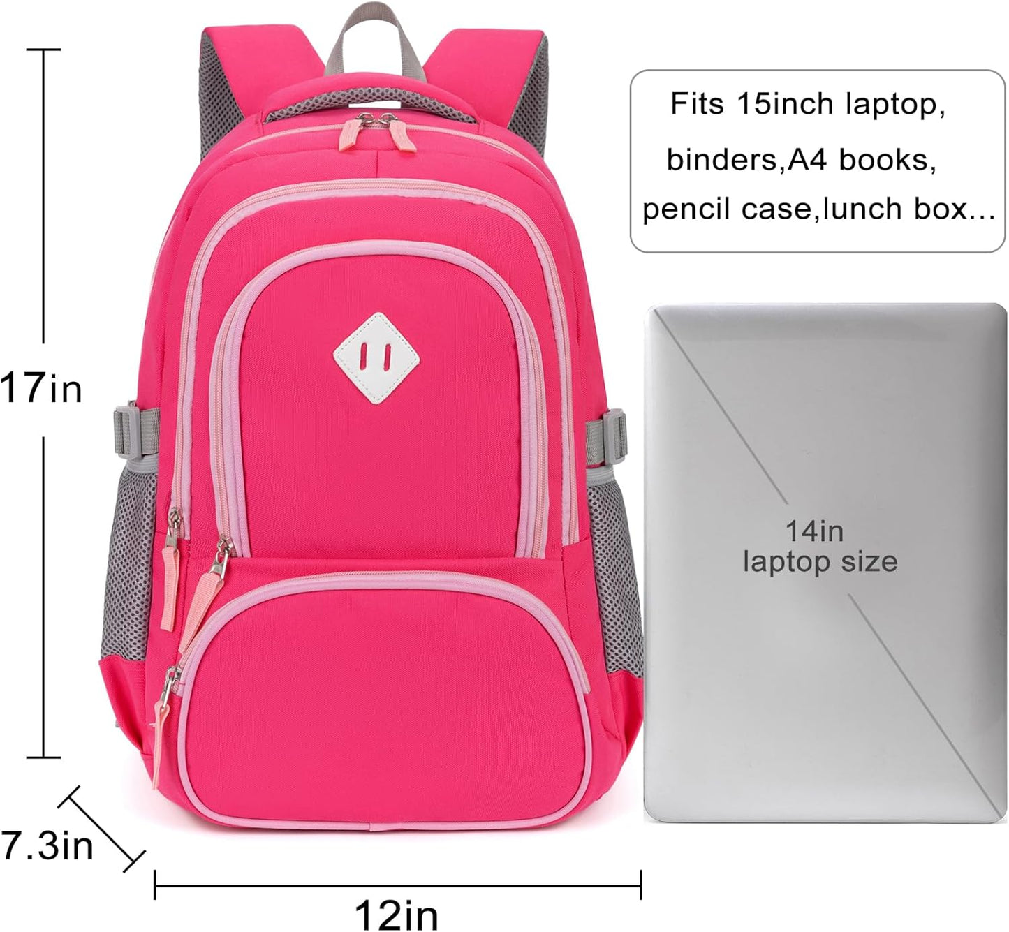 Kids Backpack for Girls Elementary School Backpacks for Child 17 Inch Lightweight Middle School Bookbag for Teens with Chest Strap, Pink