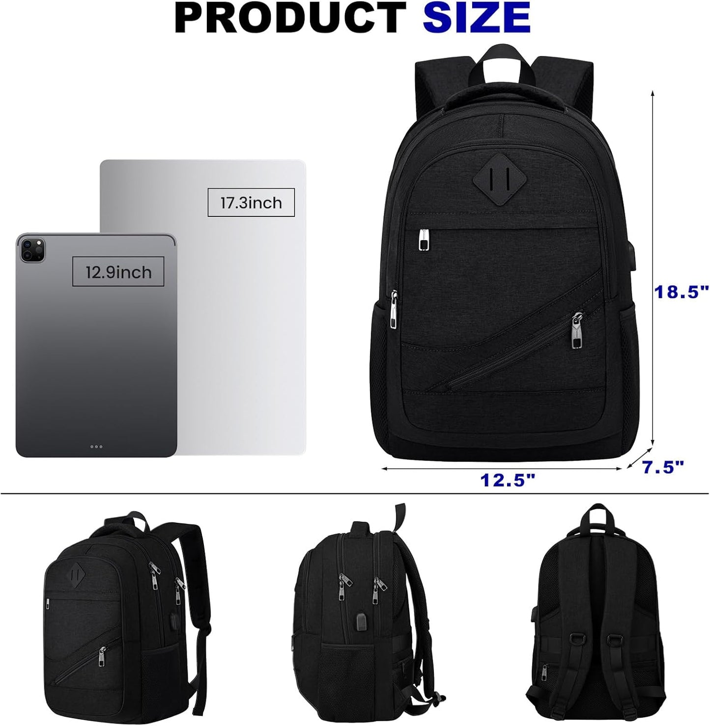 School Laptop Backpack for Women Men: 17.3 Inch College High School Backpacks with USB Charging Port Waterproof Travel Back Pack with Anti-theft Pockets Casual Work Daypack for Boys Students (Black)