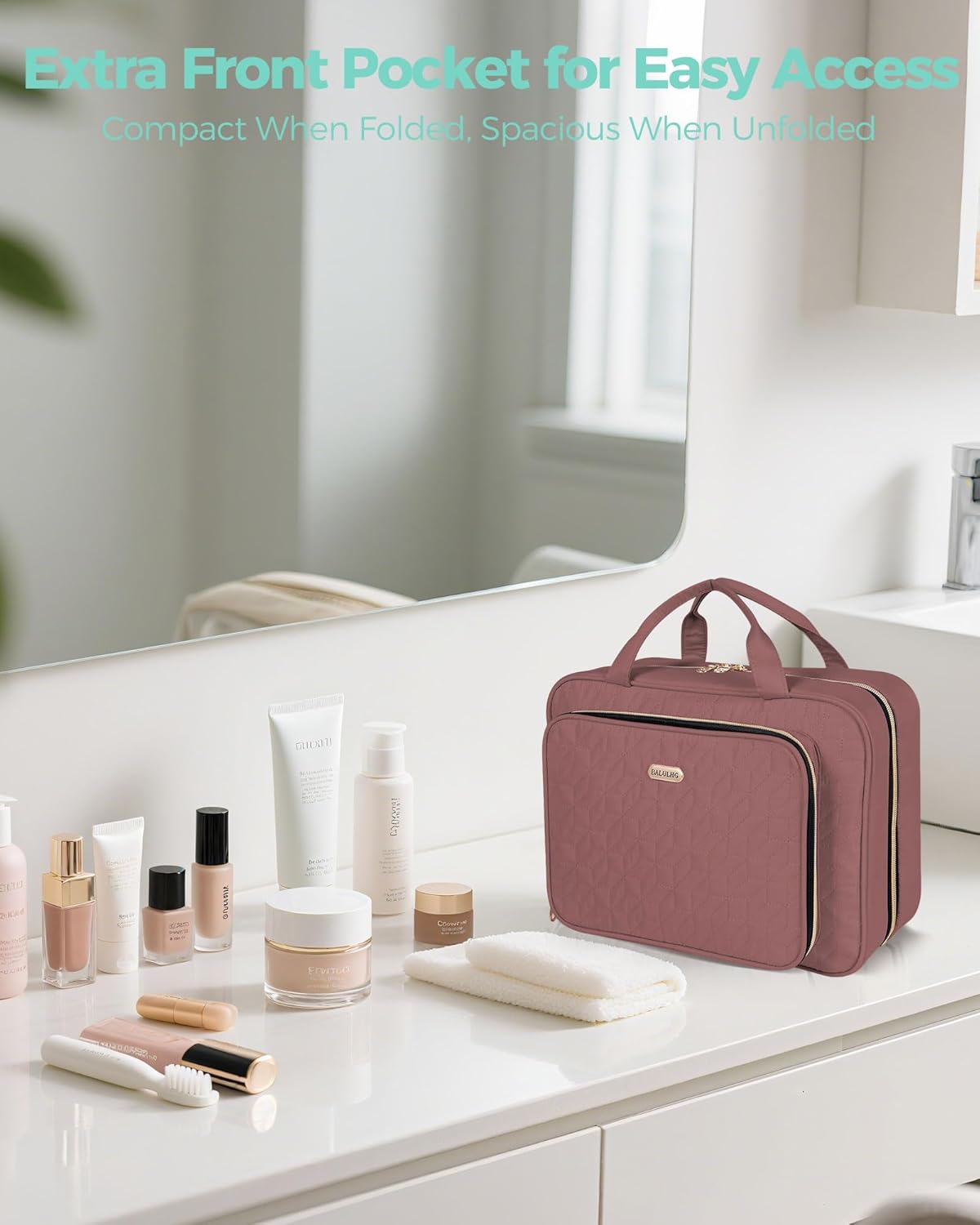 Travel Hanging Toiletry Bag for Women,Makeup Bag Cosmetic Organizer Waterproof with Hanging Hook Multiple Pockets for Women Travel Essentials Rosewood