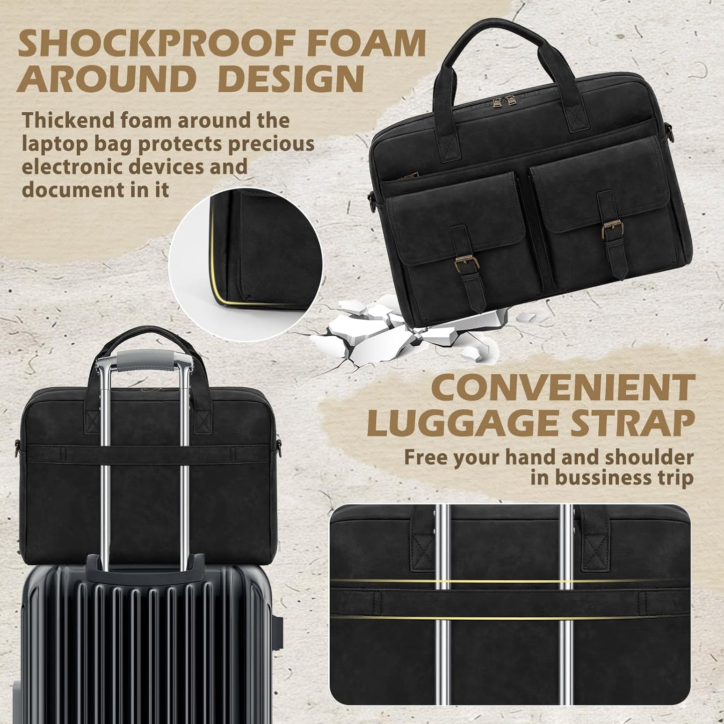 RAINSMORE Messenger Bag for Men 16 Inch Leather Laptop Bags Work Computer Briefcase Vintage Mens Satchel Shoulder Bag for Work, Office, Business, Travel, Black