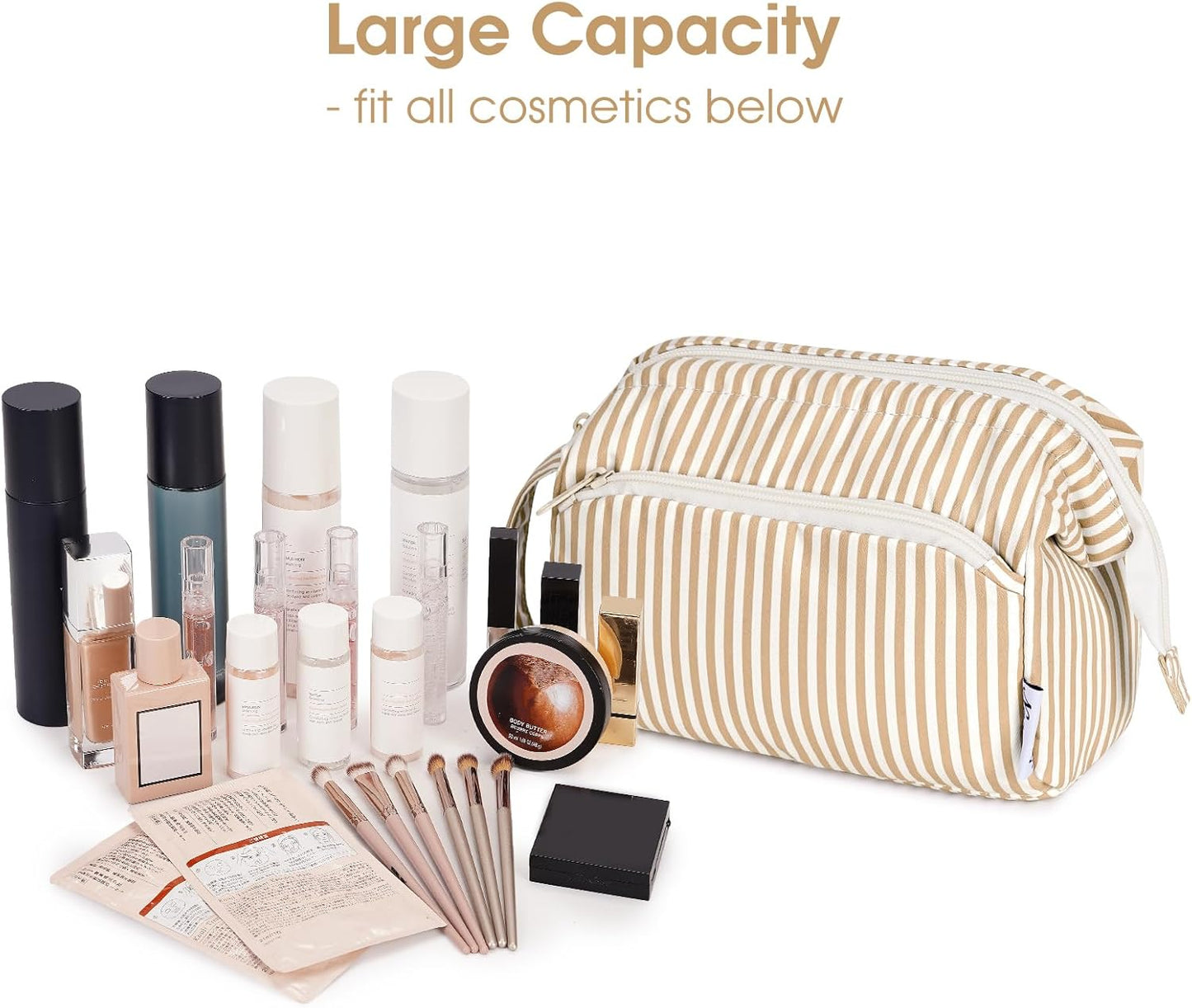 Narwey Striped Makeup Bag Women Wide-open Make up Bag Travel Cosmetic Bag Organizer Toiletry Bag for Cosmetics Toiletries Accessories (Brown Stripe)