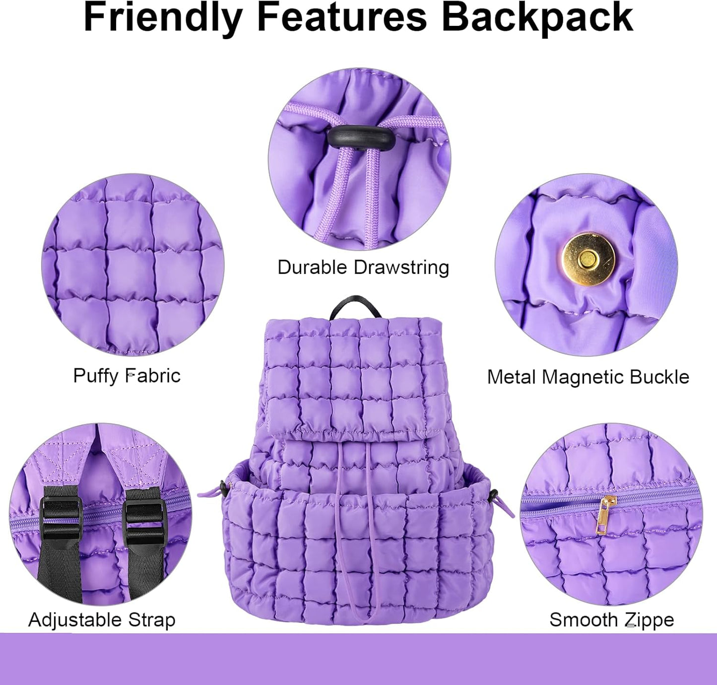 XSUIOY Quilted Backpack Purse for Women Small Lightweight Puffer Puffy College Laptop Backpack Nylon Casual Bookbag Daypack Top Flap Drawstring Padding Hiker Travel Gym Backpack(Purple)