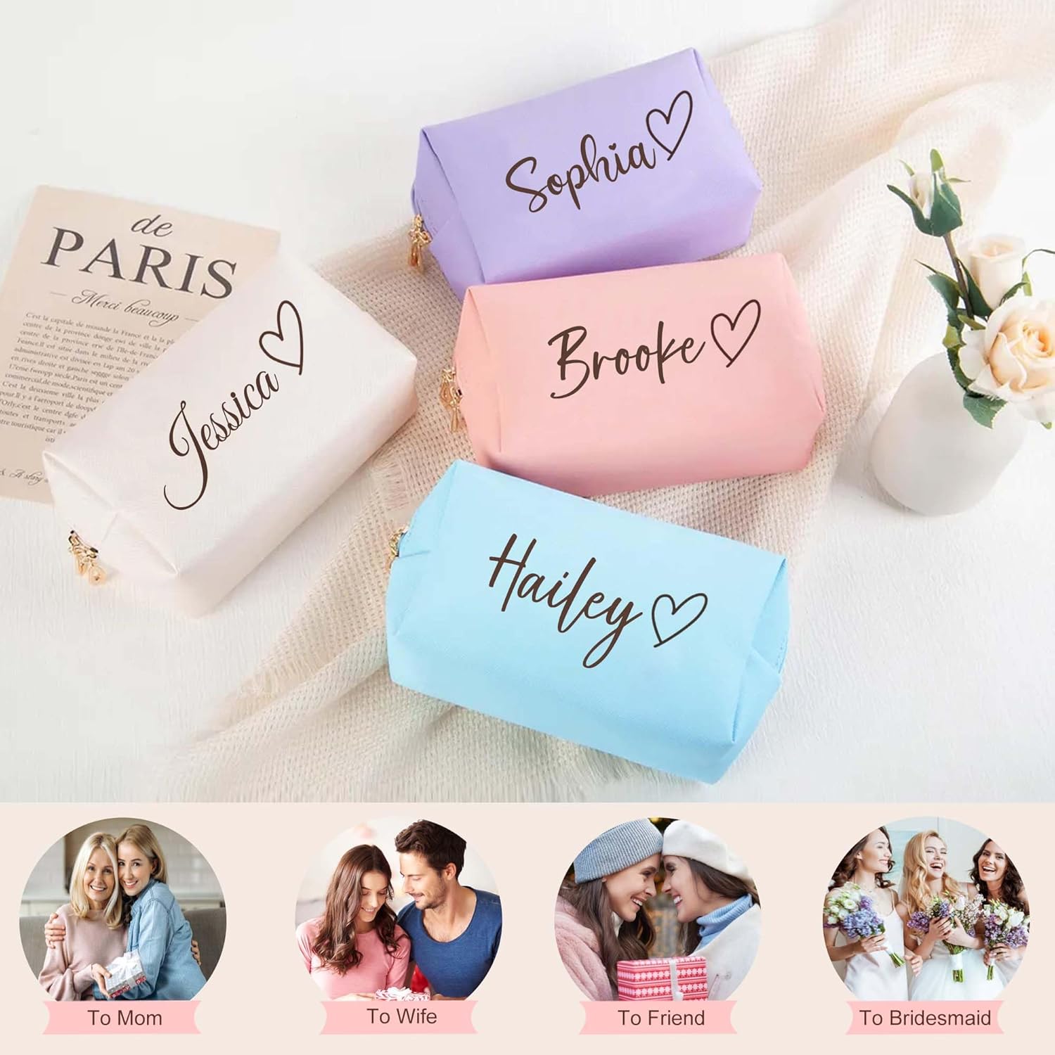 Personalized Makeup Bag with Name & Birth Flower, Custom Leather Cosmetic Bags for Women