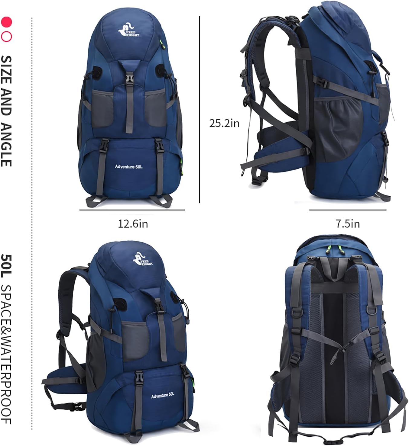 Bseash 50L Hiking Backpack, Water Resistant Lightweight Outdoor Sport Daypack Travel Bag for