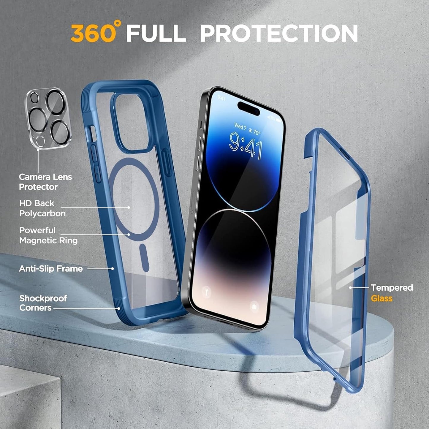 Miracase Magnetic for iPhone 14 Pro Max Case 6.7 inch, (Compatible with MagSafe) Upgrade Full-Body Clear Phone Bumper Case with Built-in 9H Tempered Glass Screen Protector, Magnetic Capri Blue