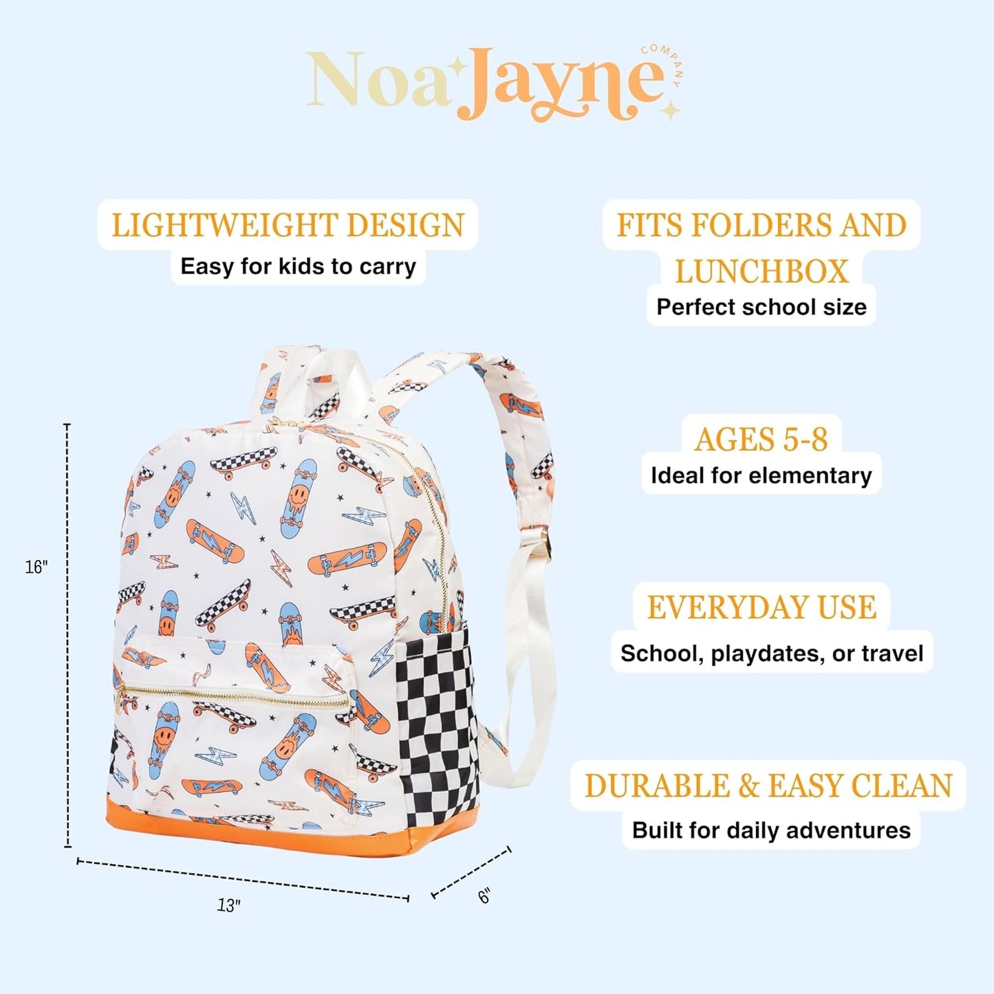 Noa Jayne Co. Boys 16" Backpack Ages 5–8 – Retro Skateboard & Checkered School Bag | Trendy Lightweight Durable Kids Backpack for Elementary & Travel