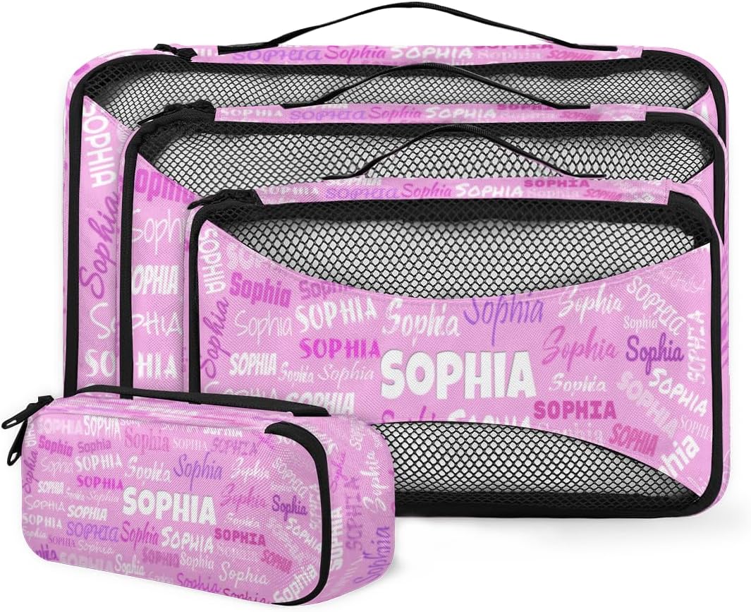 Custom Packing Cubes with Name - 4 Piece Pink Packing Cubes Compression Luggage Suitcase Organizer Set