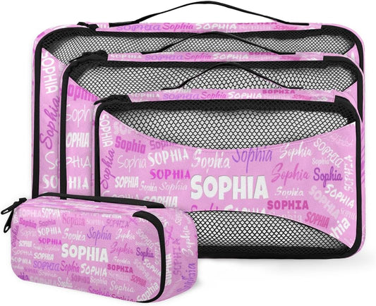 Custom Packing Cubes with Name - 4 Piece Pink Packing Cubes Compression Luggage Suitcase Organizer Set