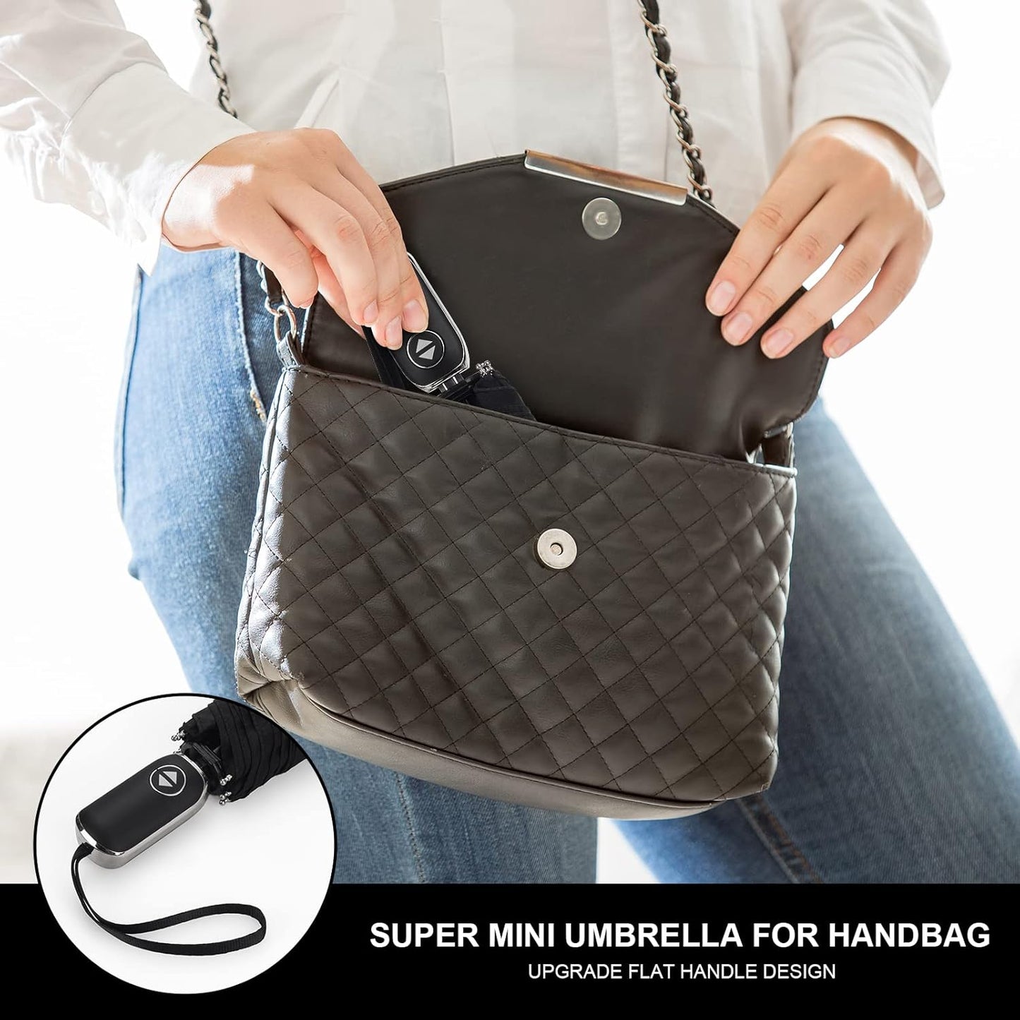 LEAGERA Compact Travel Umbrella for Purse - Flat Handle, Waterproof for Light Rain