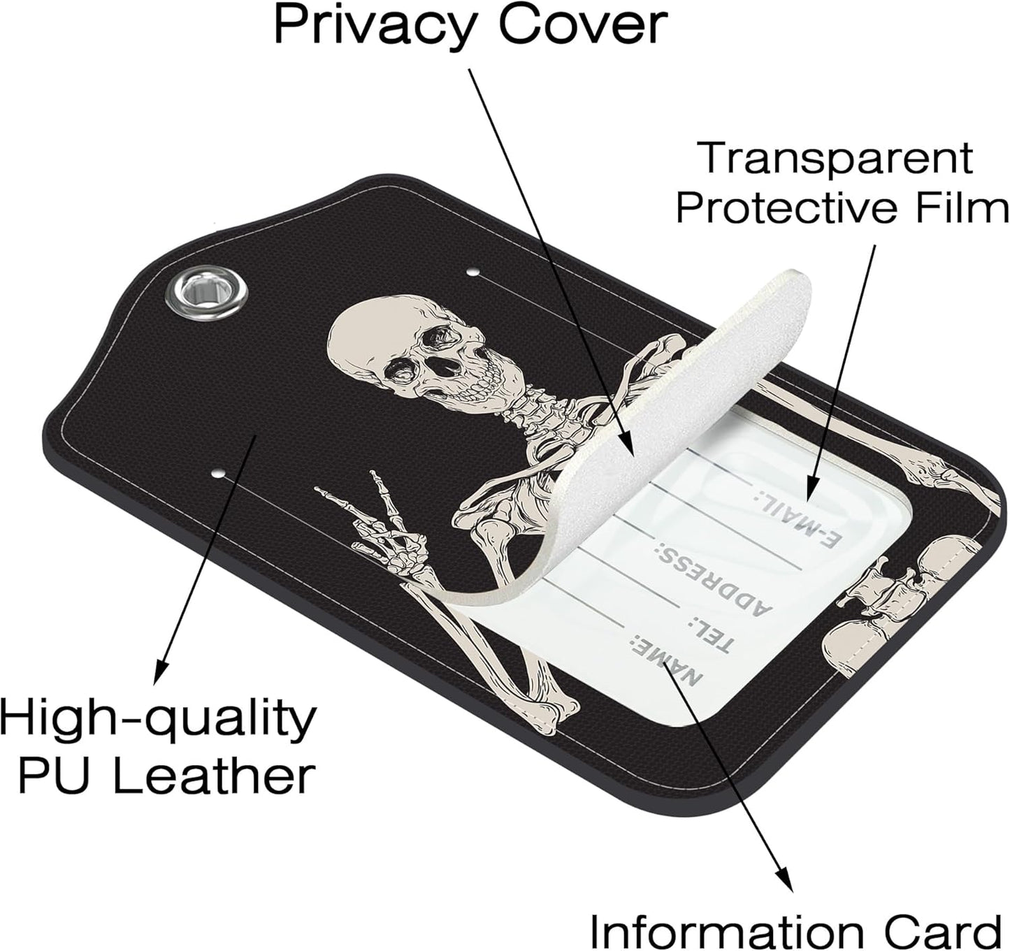 2 Pack Luggage Tags for Suitcase,Human Skeleton PU Leather Idea Baggage Tag with Name Labels Privacy Cover Metal Ring Men and Women Travel Cruise Labels